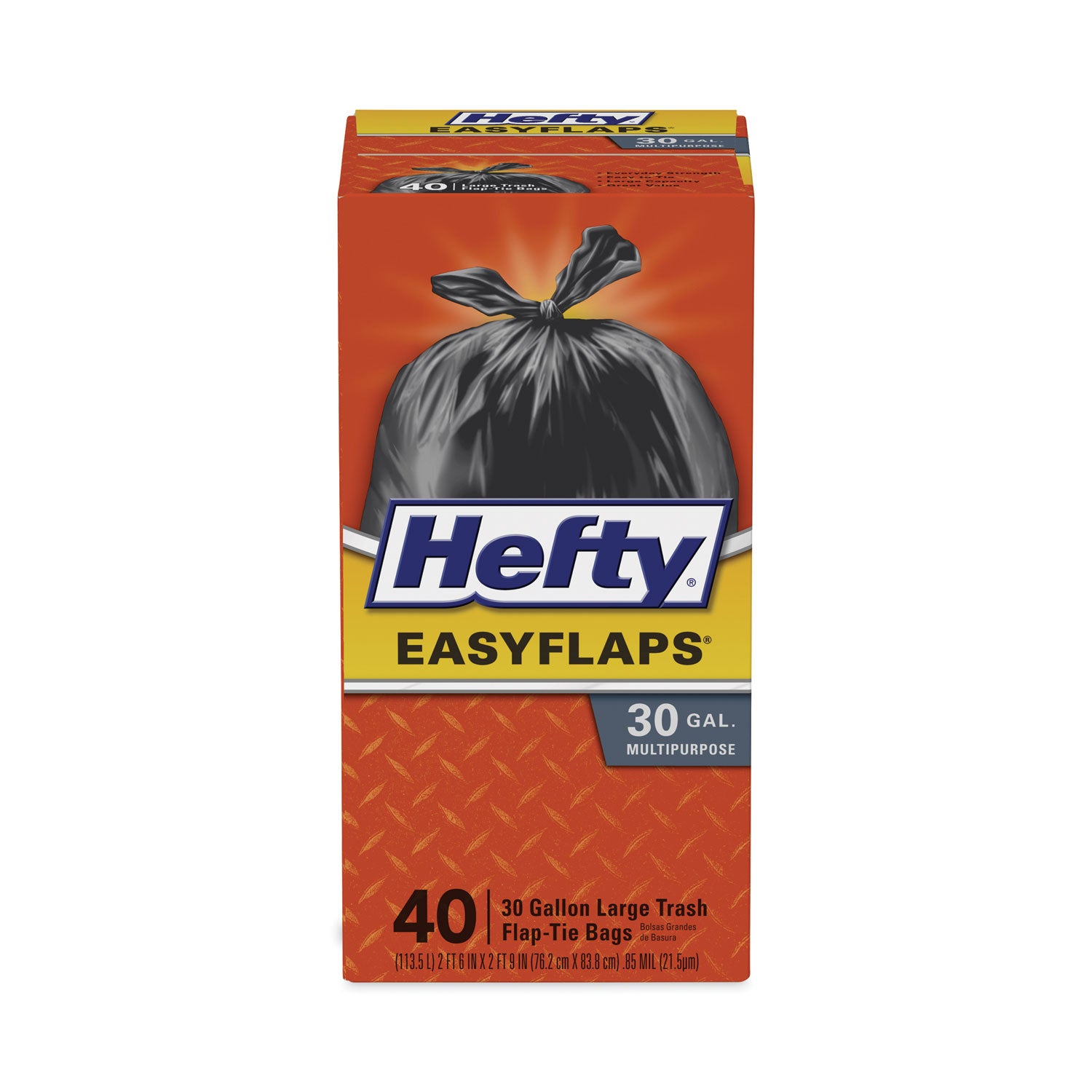 Hefty® Easy Flaps Trash Bags, Tie-Flap, 30 gal, 0.85 mil, 30" x 33", Black, 40/Box