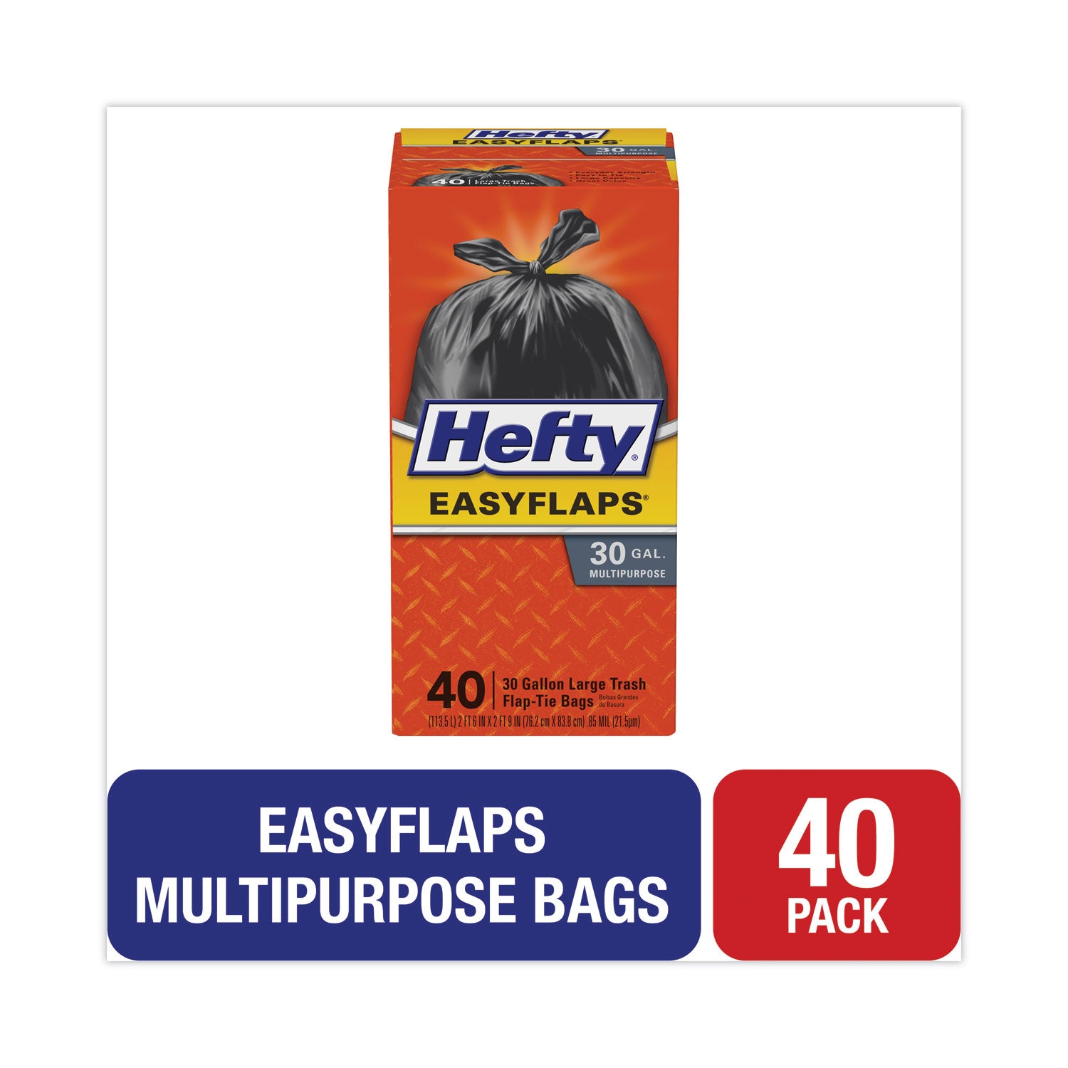 Hefty® Easy Flaps Trash Bags, Tie-Flap, 30 gal, 0.85 mil, 30" x 33", Black, 40/Box