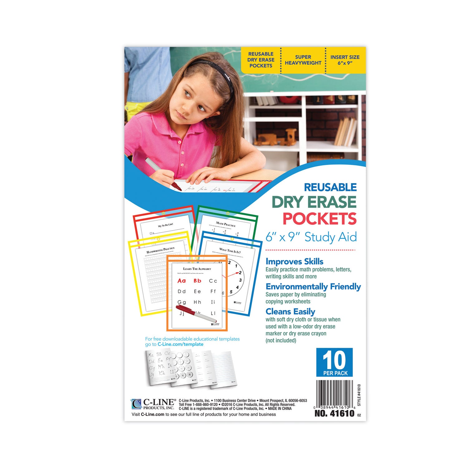 C-Line® Reusable Dry Erase Pockets, 6 X 9, Assorted Primary Colors, 10/pack