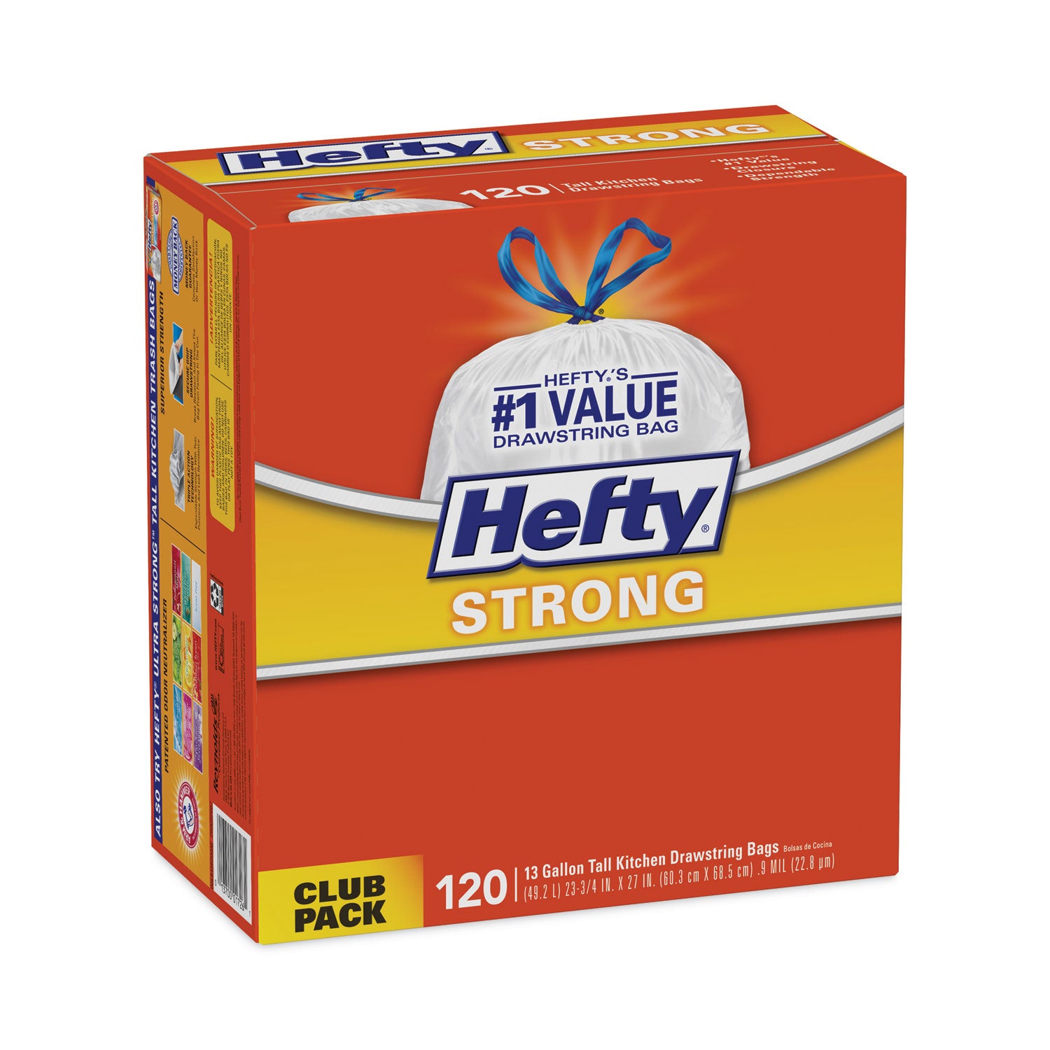 Hefty® Strong Tall Kitchen Drawstring Bags, 13 gal, 23.75" x 27", White, 120 Bags/Box, 3 Boxes/Carton