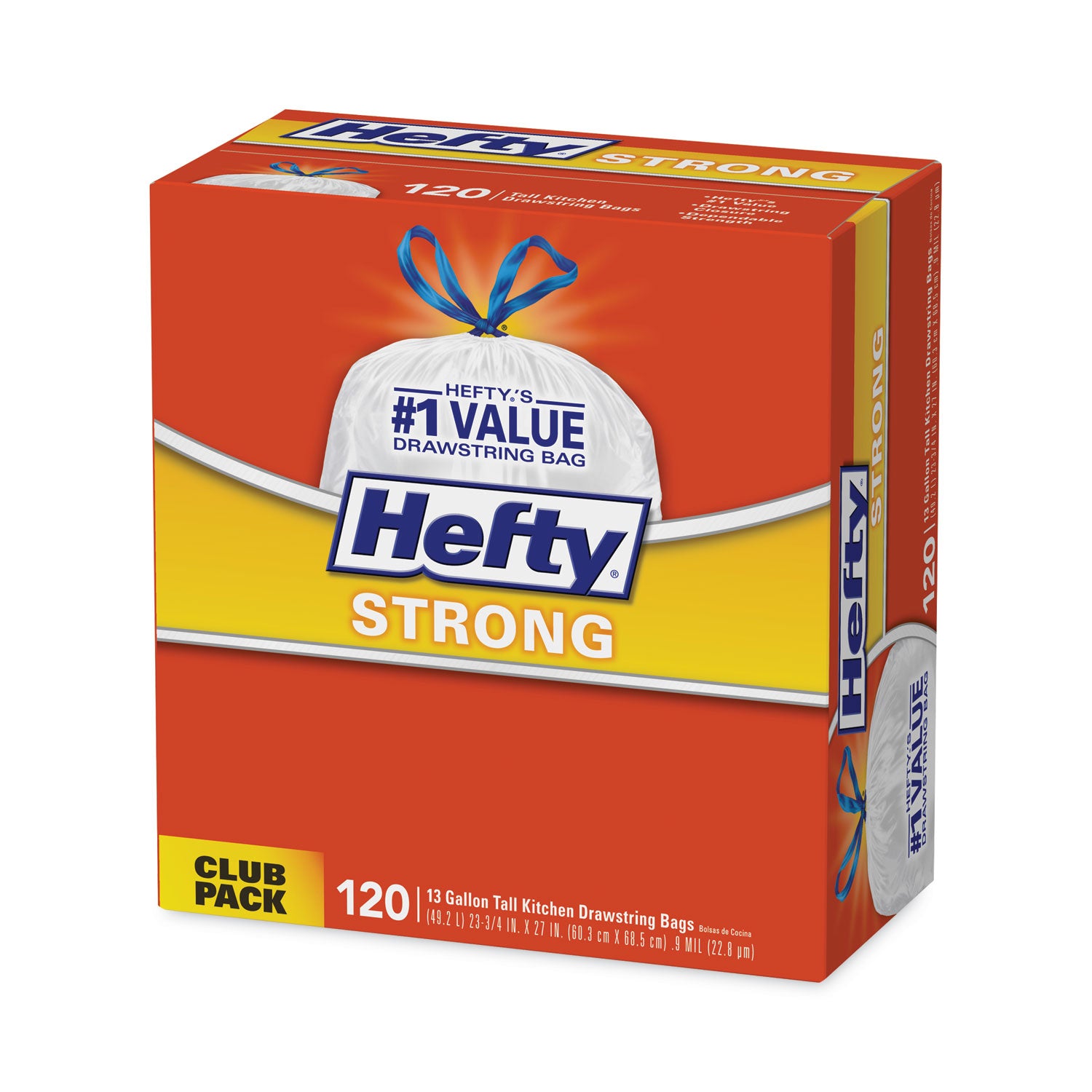 Hefty® Strong Tall Kitchen Drawstring Bags, 13 gal, 23.75" x 27", White, 120 Bags/Box, 3 Boxes/Carton