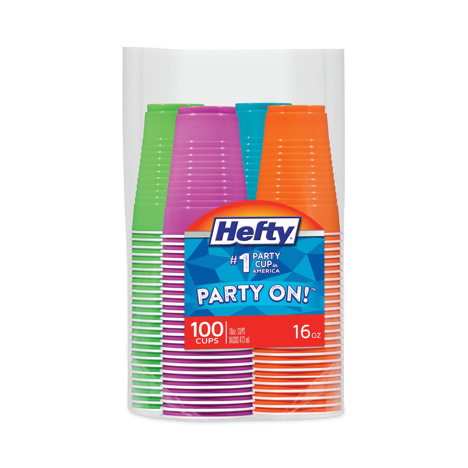Hefty® Easy Grip Disposable Plastic Party Cups, 16 Oz, Assorted Colors, 100/pack, 4 Packs/carton