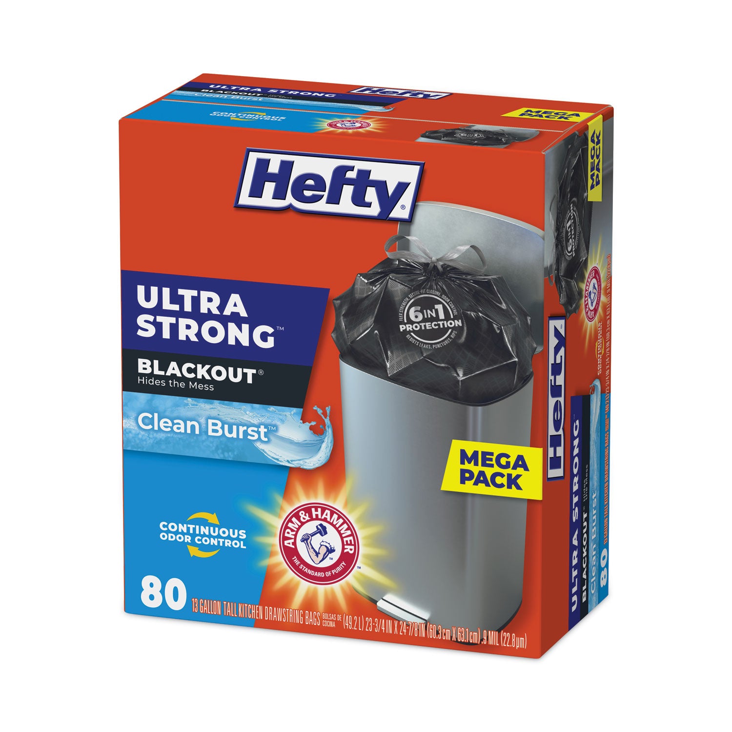 Hefty® Ultra Strong BlackOut Tall-Kitchen Drawstring Bags, 13 gal, Citrus Twist Scent, 23.75" x 24.88", Black, 80/Box