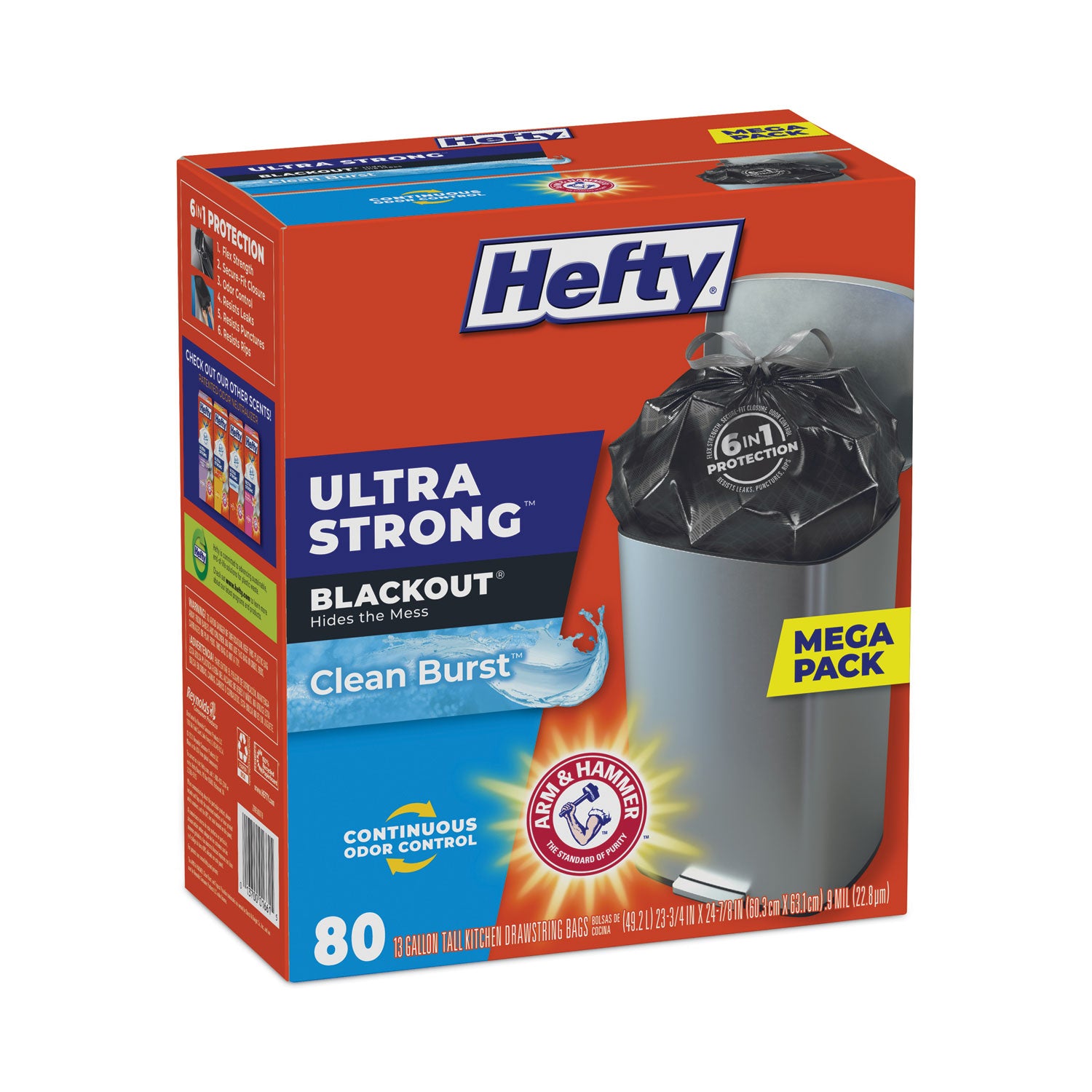 Hefty® Ultra Strong BlackOut Tall-Kitchen Drawstring Bags, 13 gal, Citrus Twist Scent, 23.75" x 24.88", Black, 80/Box
