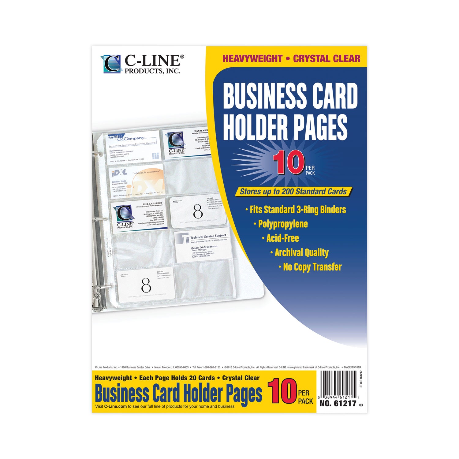 C-Line® Business Card Binder Pages, For 2 X 3.5 Cards, Clear, 20 Cards/sheet, 10 Sheets/pack