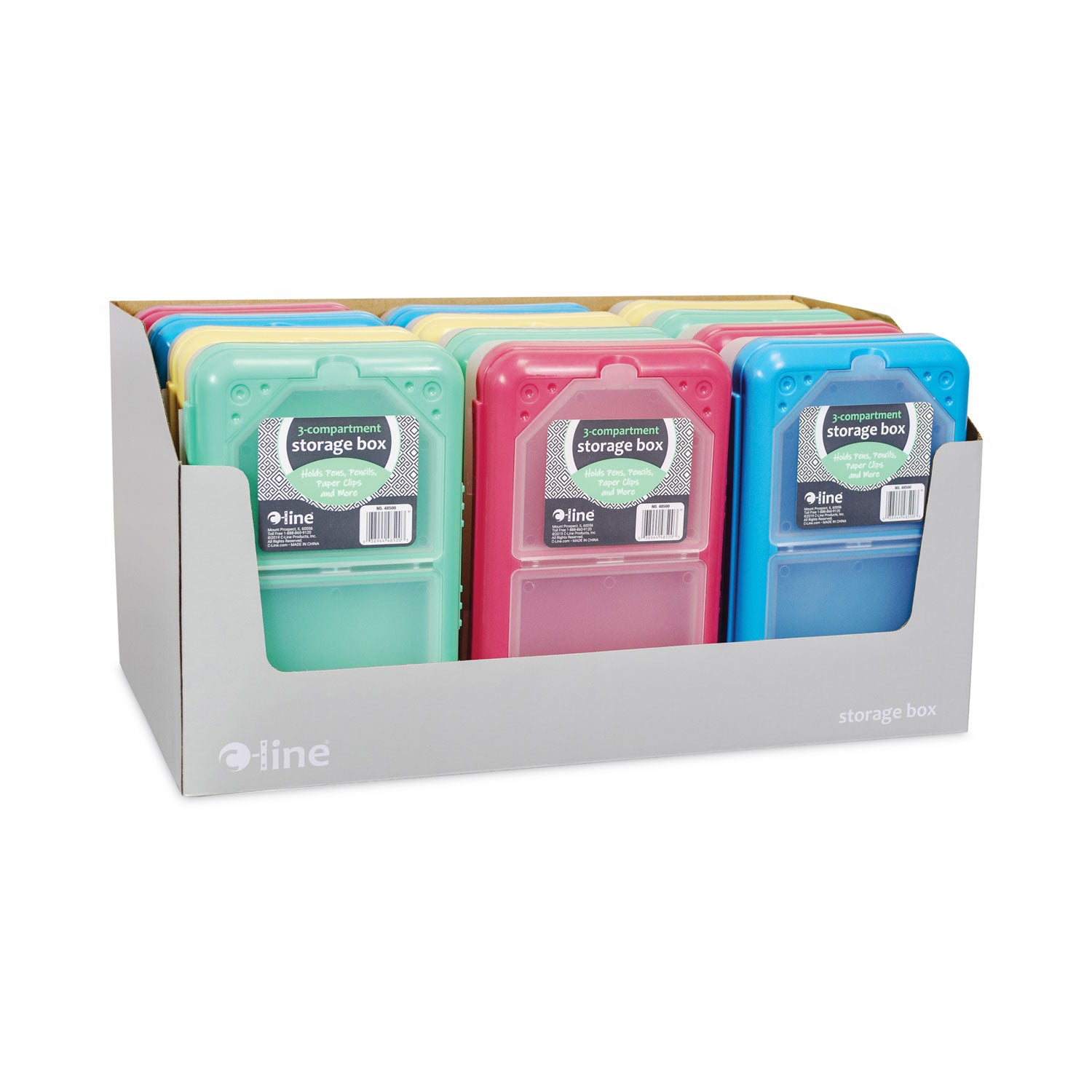 C-Line® Storage Box, 3 Compartments, 8.25" x 5.43" x 2.43", Assorted Colors, 12/Carton