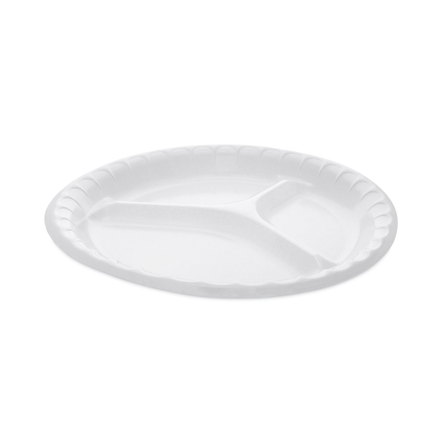 Placesetter Deluxe Laminated Foam Dinnerware, 3-Compartment Plate, 10.25" dia, White, 540/Carton
