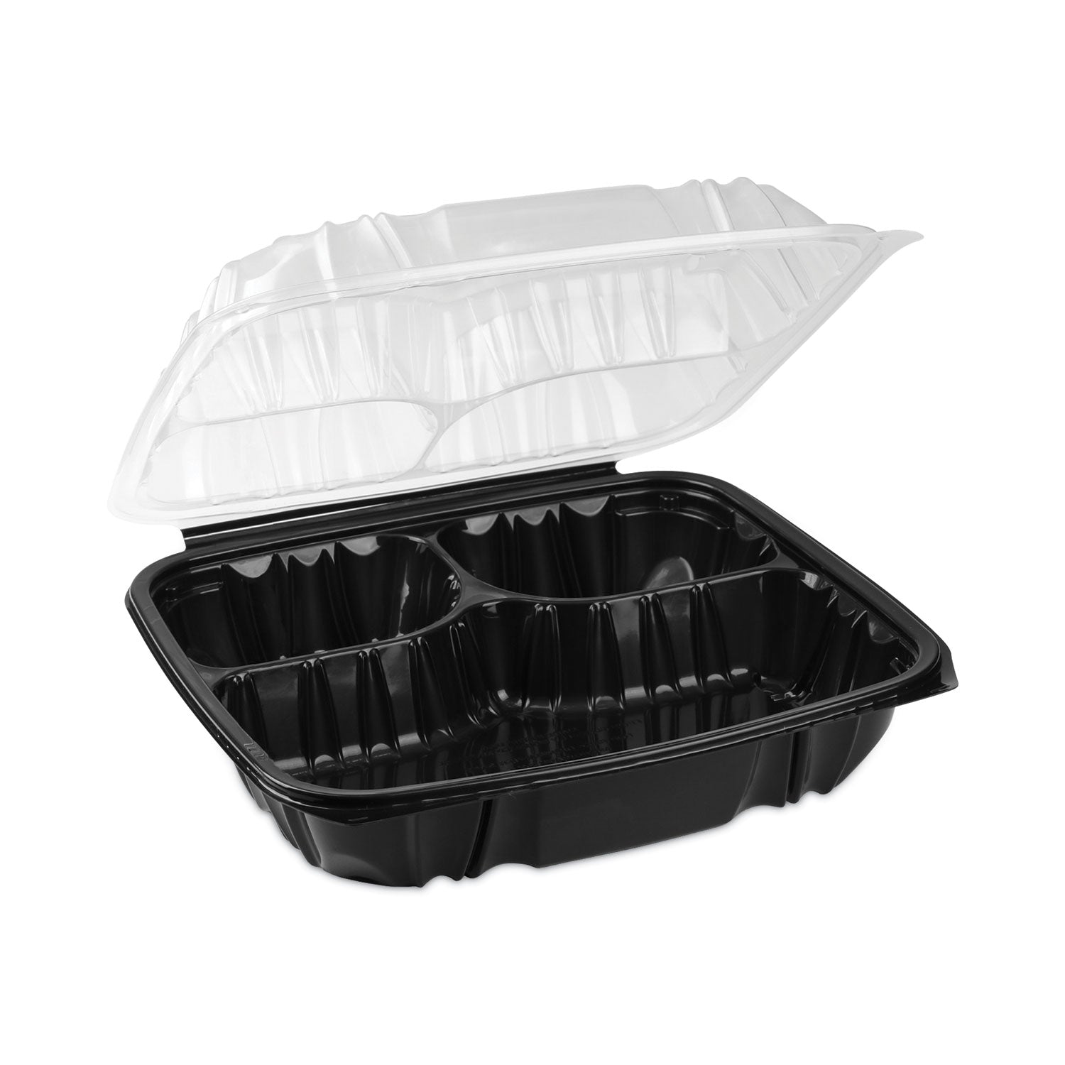 Pactiv Evergreen EarthChoice Vented Dual Color Microwavable Hinged Lid Container, 3-Compartment Base/Lid, 34 oz, Black/Clear, Plastic, 132/CT