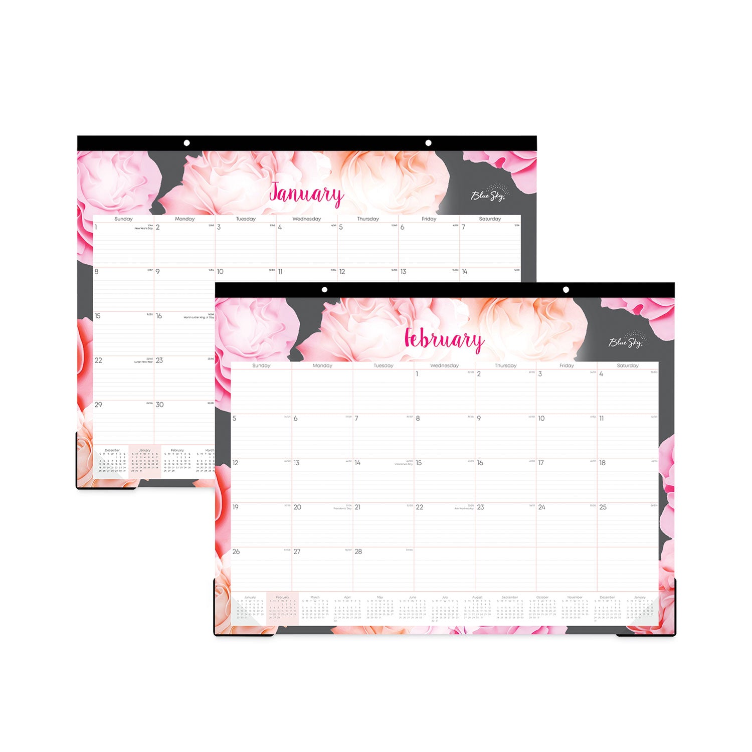 Blue Sky® Joselyn Desk Pad, Rose Artwork, 22 x 17, White/Pink/Peach Sheets, Black Binding, Clear Corners, 12-Month (Jan to Dec): 2025