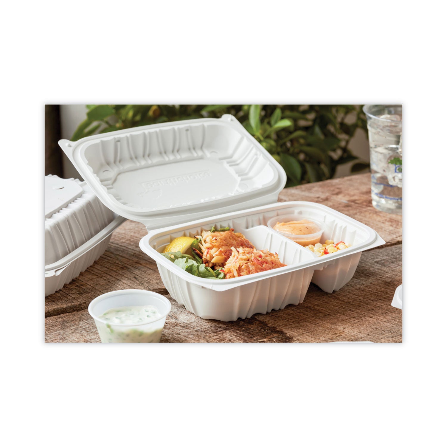 Pactiv Evergreen EarthChoice Vented Microwavable MFPP Hinged Lid Container, 2 Compartments, 9 x 6 x 3.1, White, Plastic, 170/Carton
