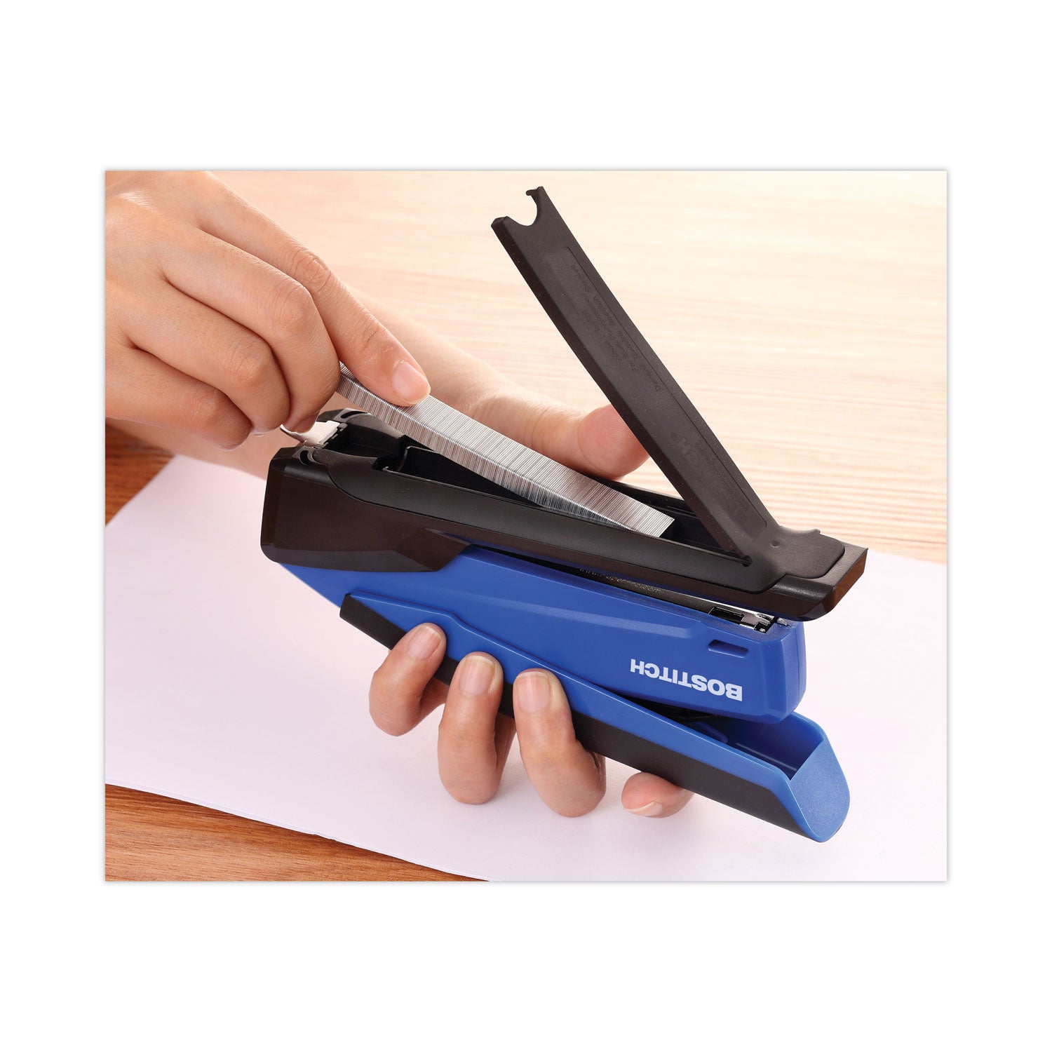 Bostitch® InPower One-Finger 3-in-1 Desktop Stapler with Antimicrobial Protection, 20-Sheet Capacity, Blue/Black