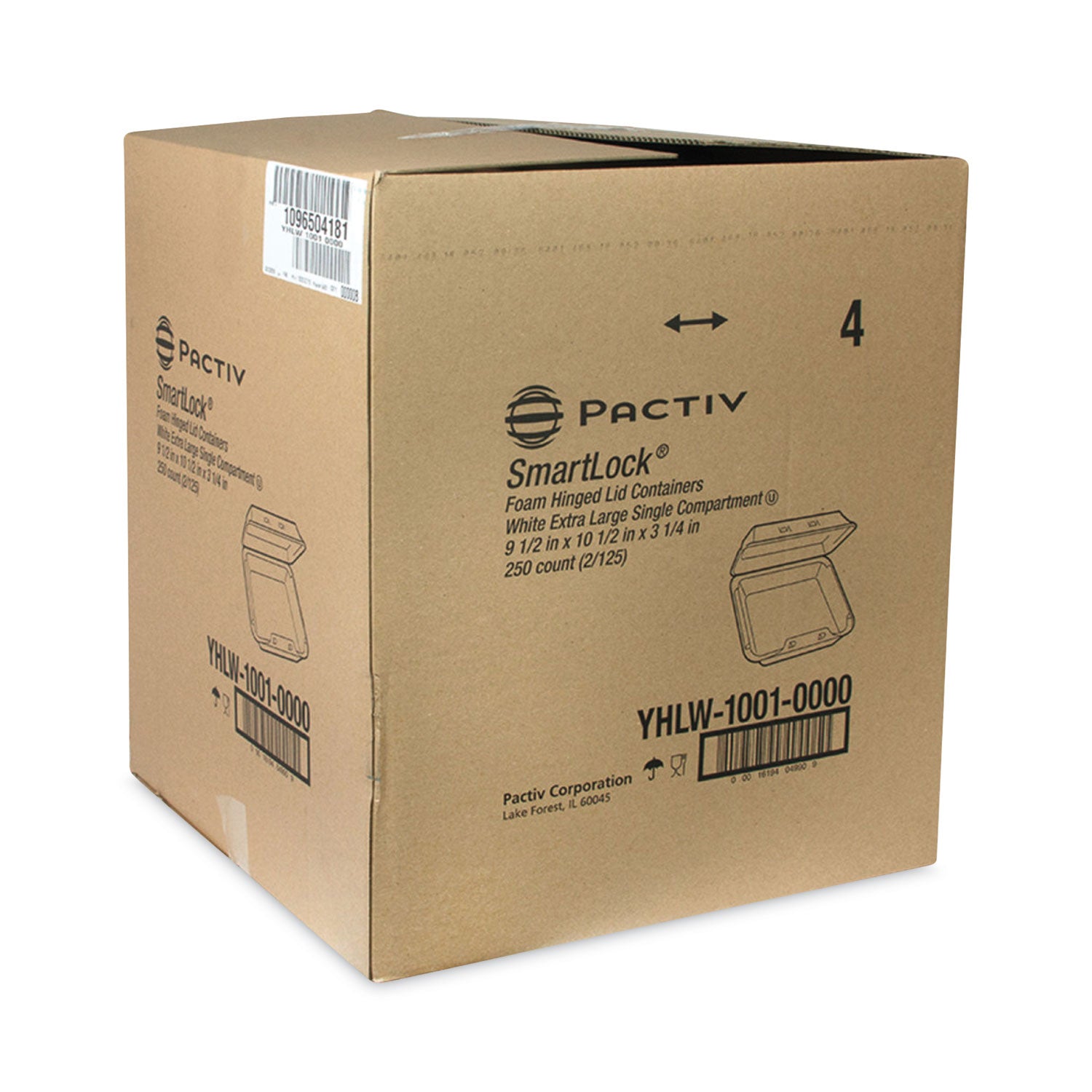 Pactiv Evergreen SmartLock Foam Hinged Lid Container, X-Large, 9.5 x 10.5 x 3.25, White, 250/Carton