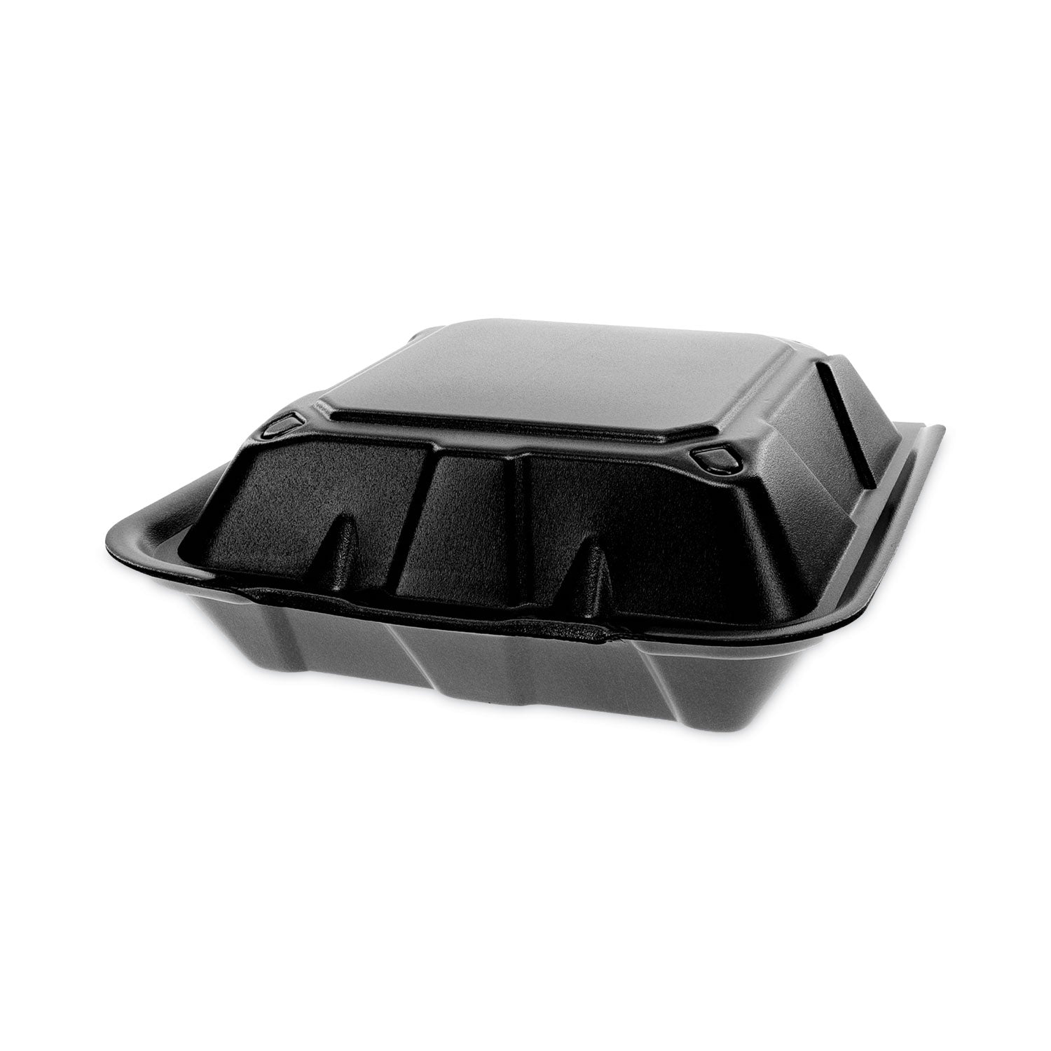 Pactiv Evergreen Vented Foam Hinged Lid Container, Dual Tab Lock, 9 x 9 x 3.25, Black, 150/Carton