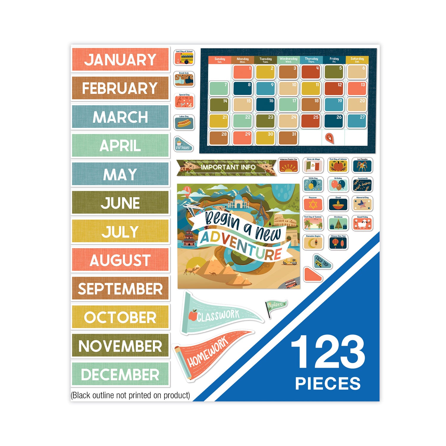 Carson-Dellosa Education Calendar Bulletin Board Sets, 123-Piece Set, Let's Explore, 23" x 13", Multicolor