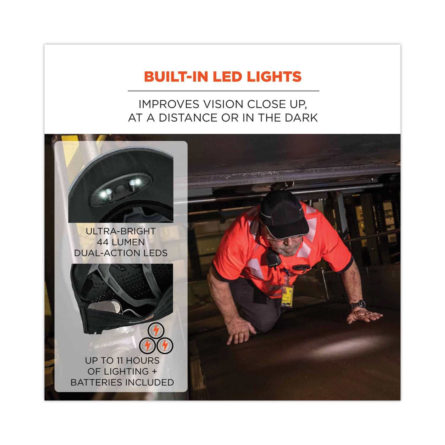 ergodyne® Skullerz 8965 Lightweight Bump Cap Hat with LED Lighting, Short Brim, Black