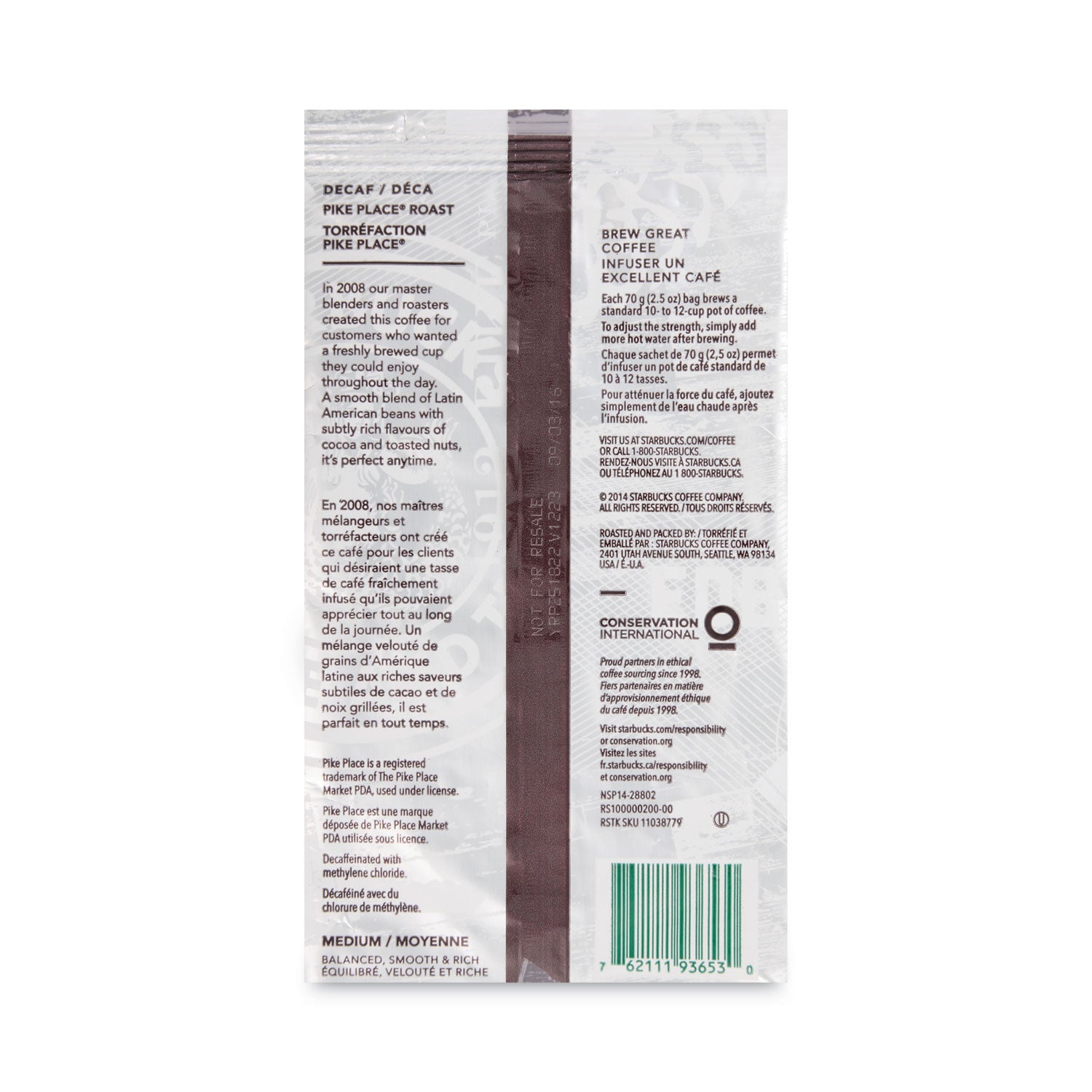 Starbucks® Coffee, Pike Place Decaf, 2 1/2 Oz Packet, 18/box