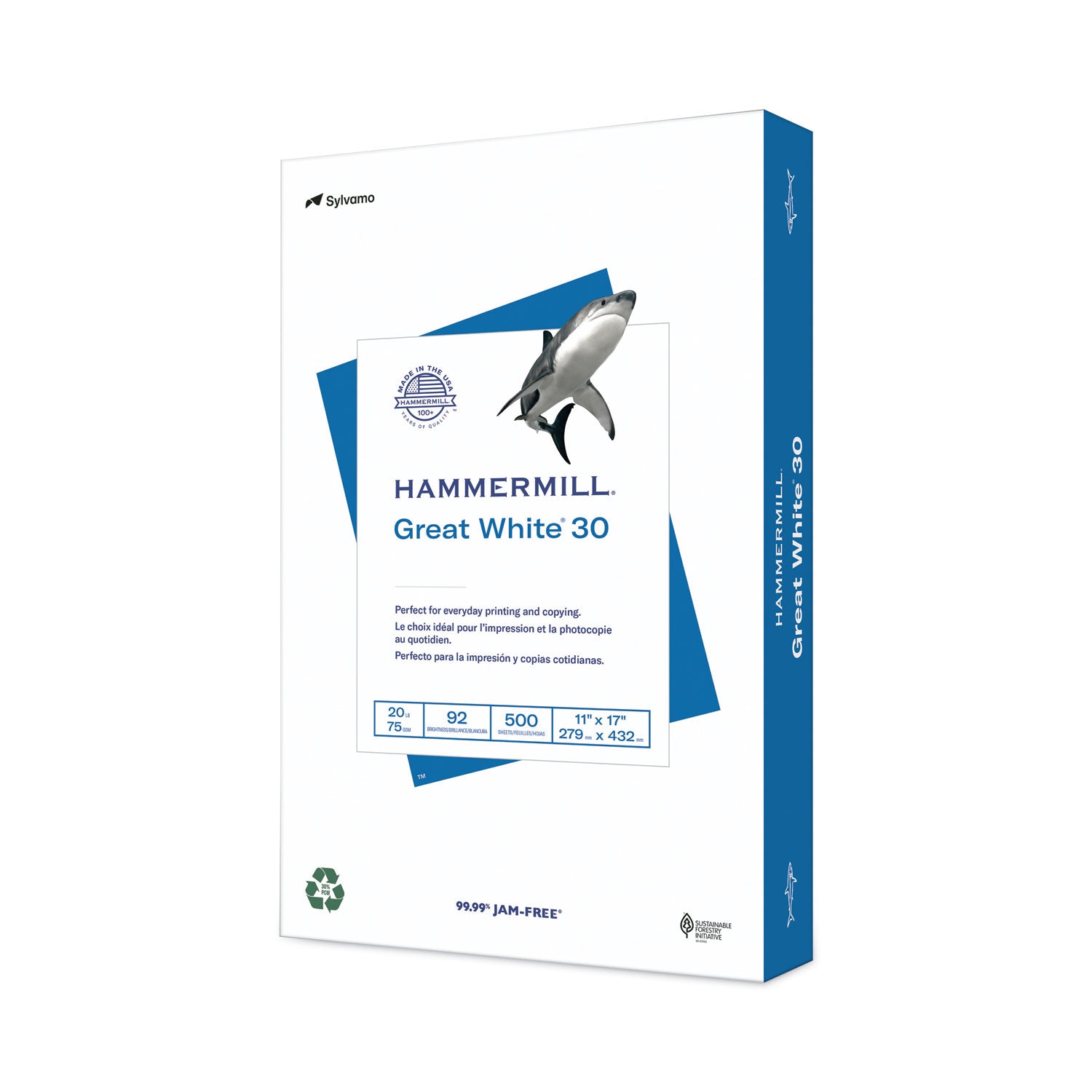 Great White 30 Recycled Print Paper, 92 Bright, 20 lb Bond Weight, 11 x 17, White, 500/Ream