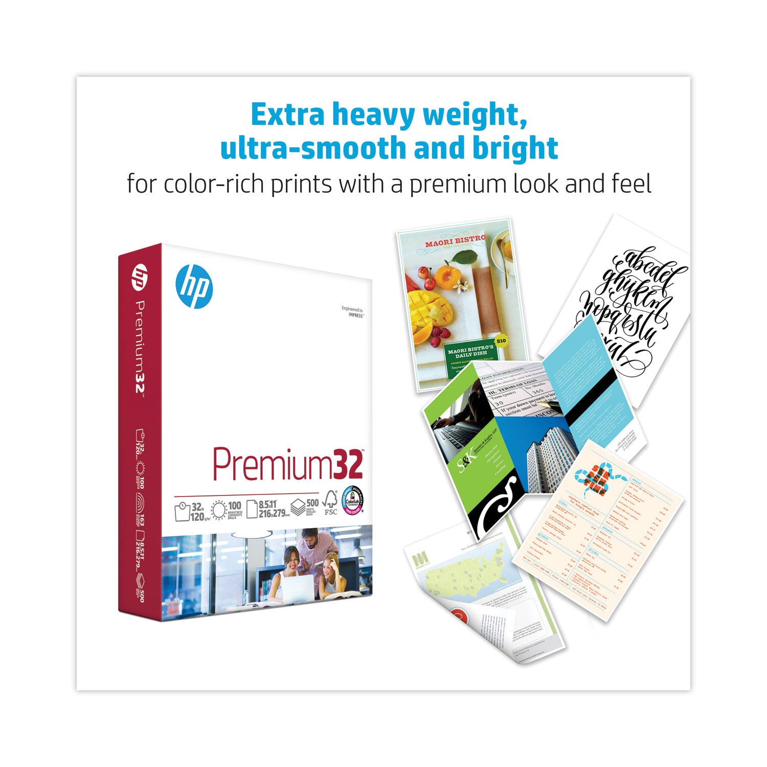 HP Papers Premium32, 100 Bright, 32 lb Bond Weight, 8.5 x 11, Ultra White, 500/Ream