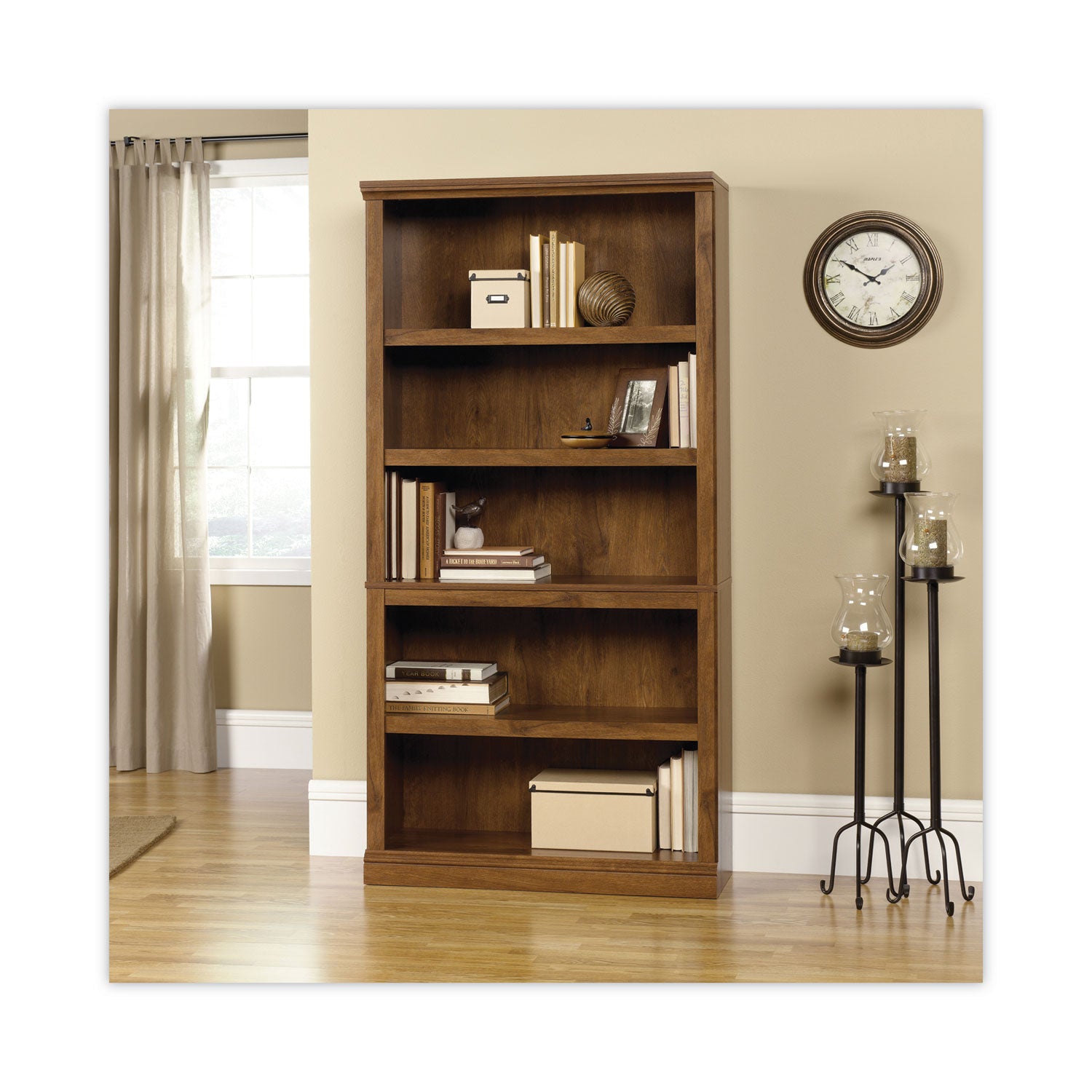 Sauder® Select Collection Bookcase, Five-Shelf, 35.27w x 13.22d x 69.76h, Oiled Brown