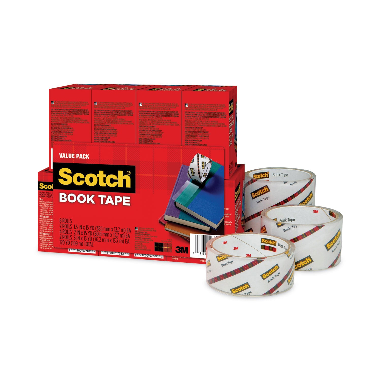 Scotch® Book Tape Value Pack, 3" Core, (2) 1.5" X 15 Yds, (4) 2" X 15 Yds, (2) 3" X 15 Yds, Clear, 8/pack