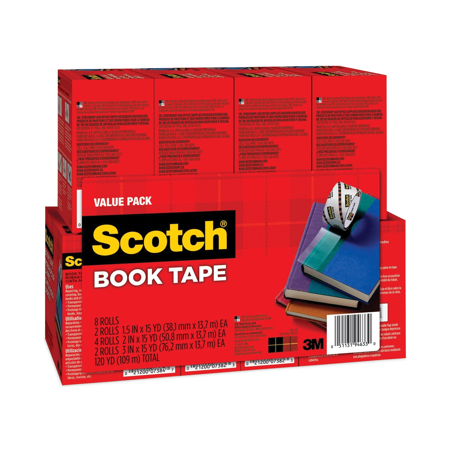 Scotch® Book Tape Value Pack, 3" Core, (2) 1.5" X 15 Yds, (4) 2" X 15 Yds, (2) 3" X 15 Yds, Clear, 8/pack