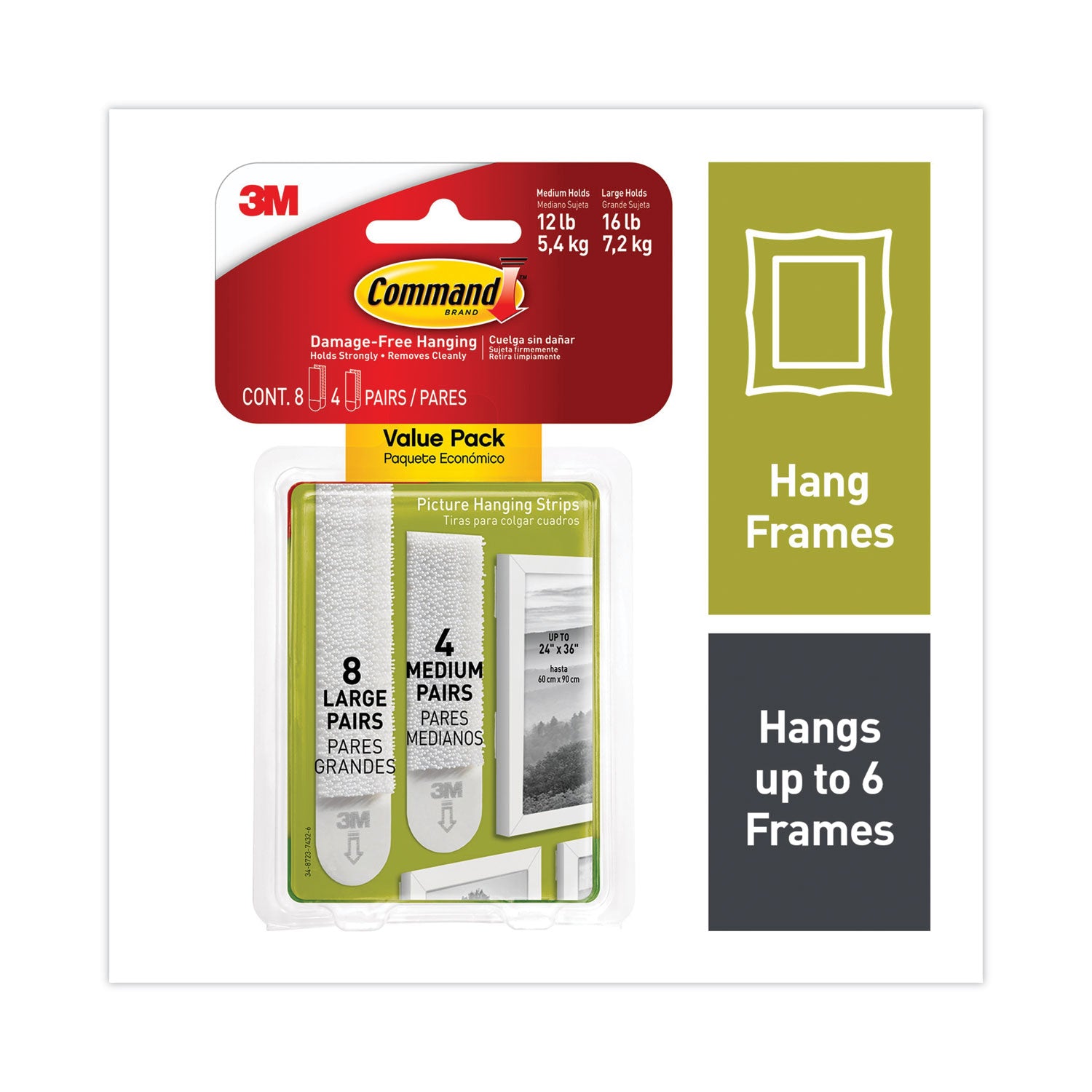 Command™ Picture Hanging Strips, Value Pack, Removable, (8) Large 0.63 X 3.63 Pairs, (4) Medium 0.5 X 2.75 Pairs, White