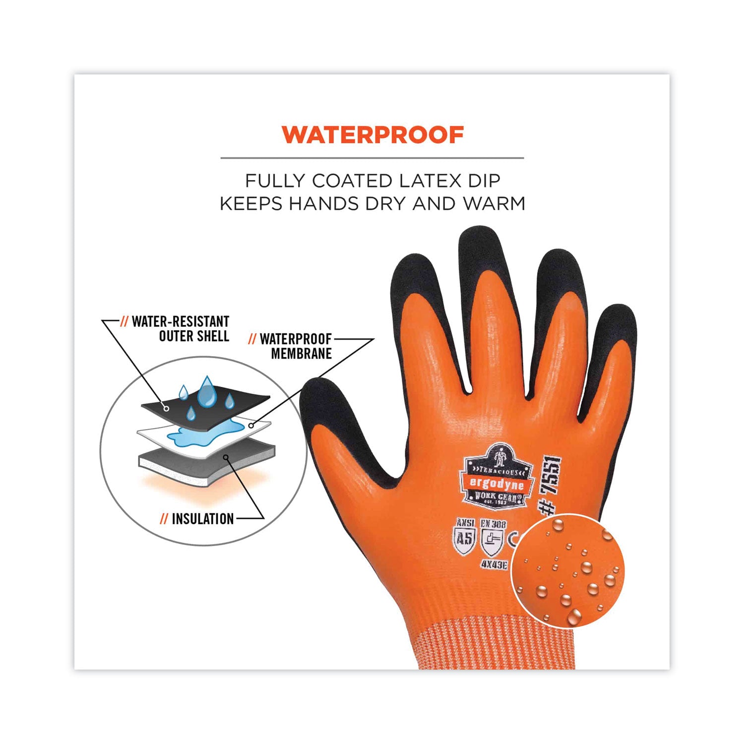 ergodyne® ProFlex 7551 ANSI A5 Coated Waterproof CR Gloves, Orange, Large, Pair
