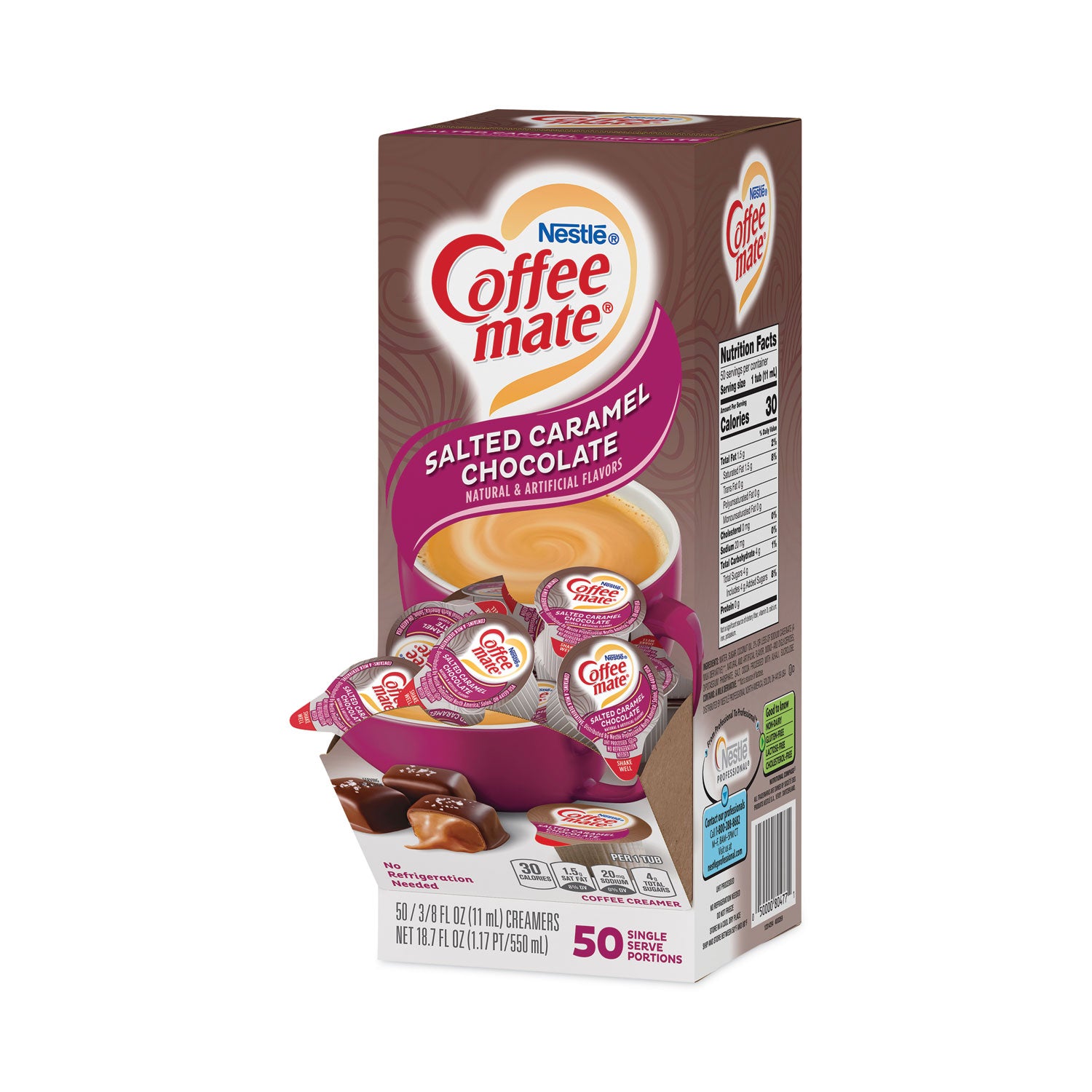 Coffee mate® Liquid Coffee Creamer, Salted Caramel Chocolate, 0.38 oz Mini Cups, 50/Box, 4 Boxes/Carton