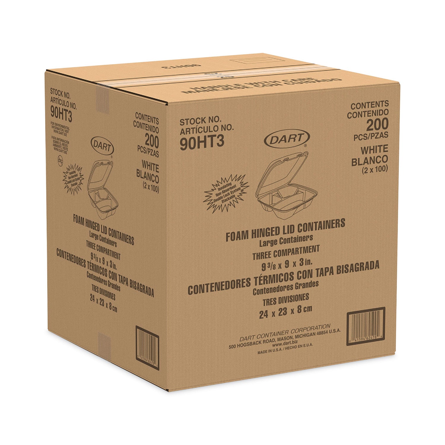 Dart® Insulated Foam Hinged Lid Containers, 3 Compartments, 9 x 9.4 x 3, White, 100/Sleeve, 2 Sleeves/Carton