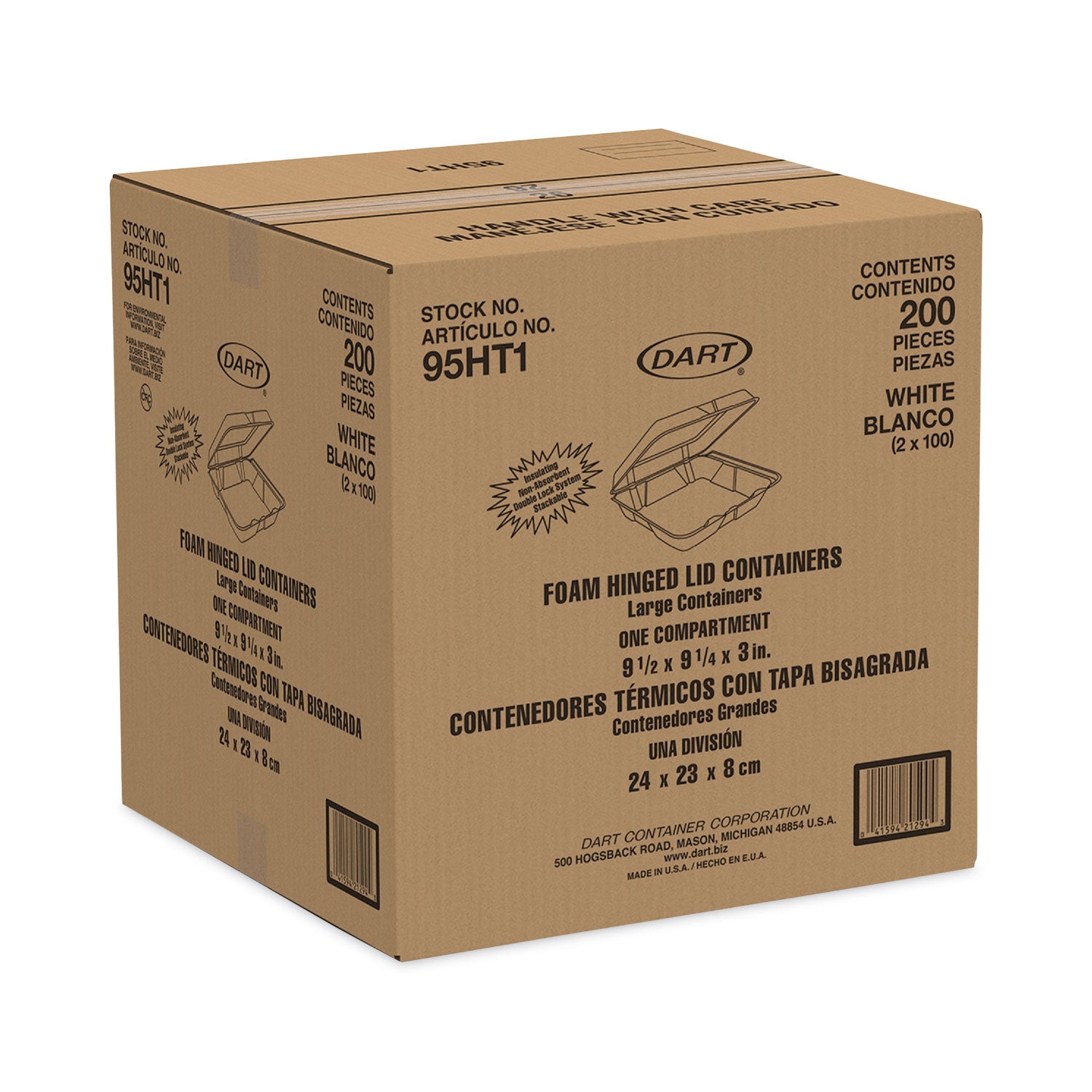 Dart® Insulated Foam Hinged Lid Containers, 9.3 x 9.5 x 3, White, 200/Pack, 2 Packs/Carton