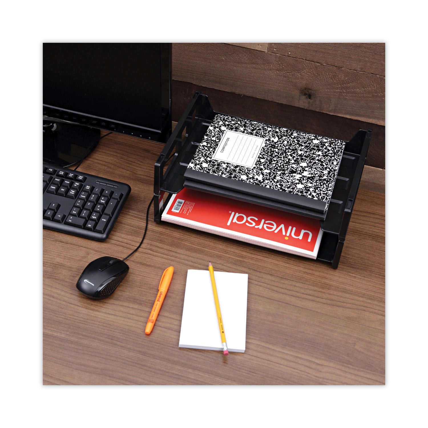 Universal® Recycled Plastic Side Load Desk Trays, 2 Sections, Letter Size Files, 13" X 9" X 2.75", Black