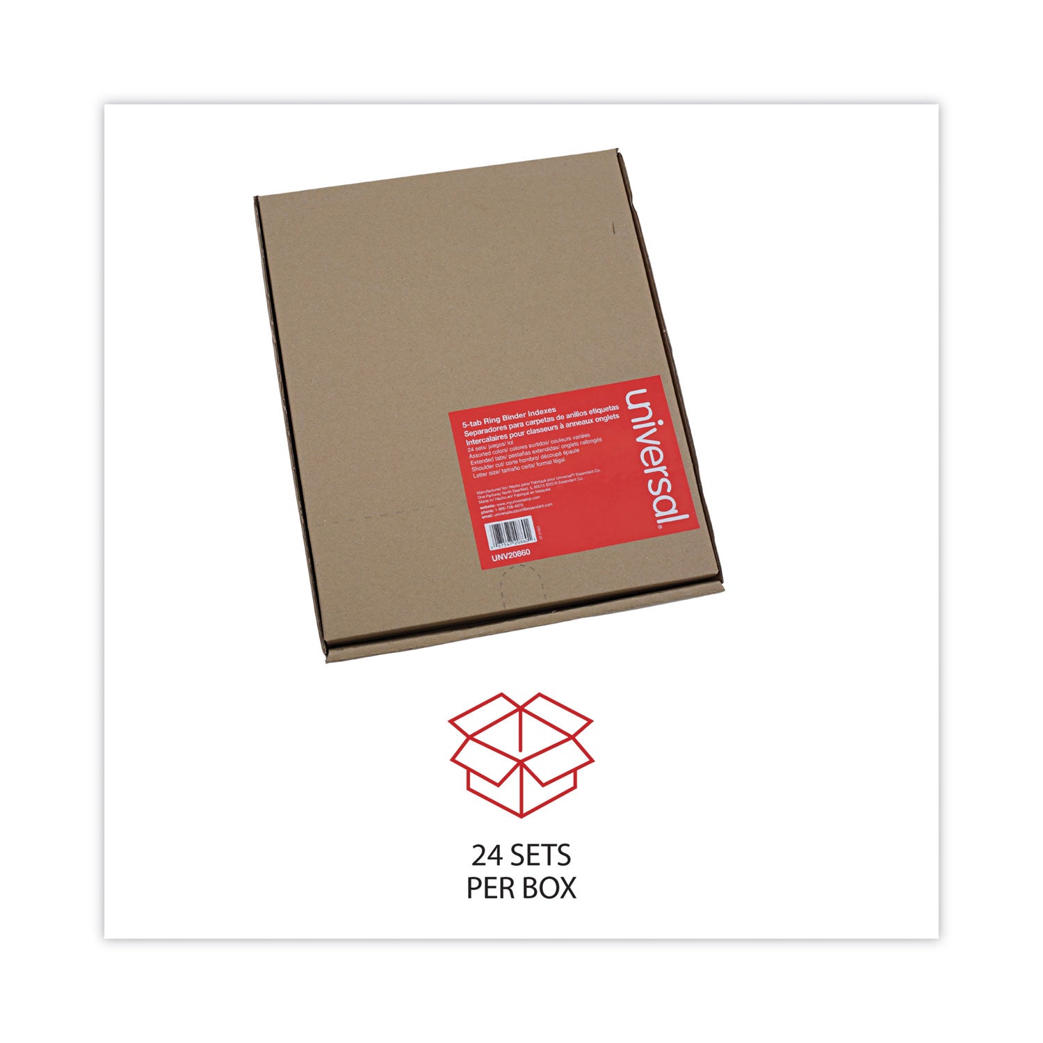 Universal® Deluxe Extended Insertable Tab Indexes, 5-Tab, 11 x 8.5, Buff, Assorted tabs, 24 Sets