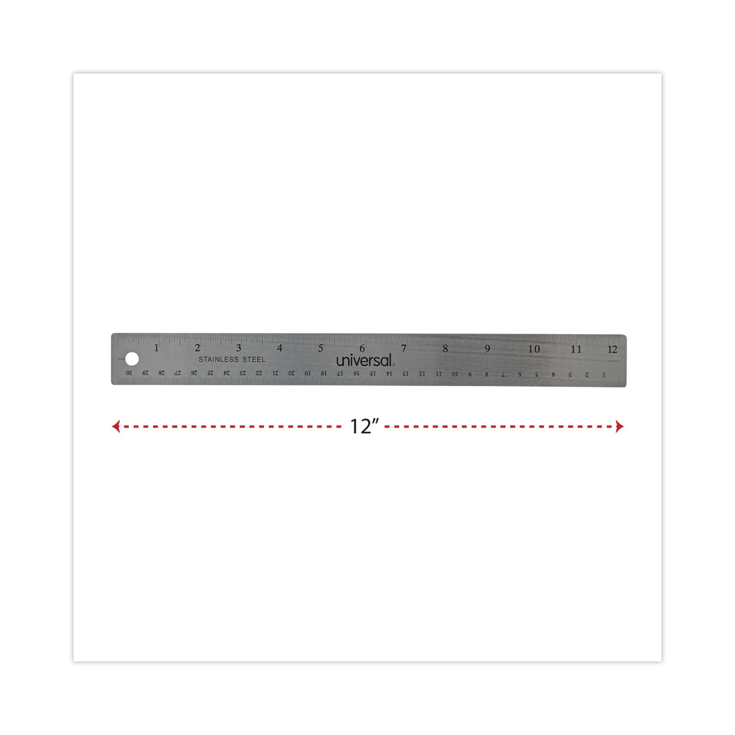 Universal® Stainless Steel Ruler With Cork Back And Hanging Hole, Standard/metric, 12" Long