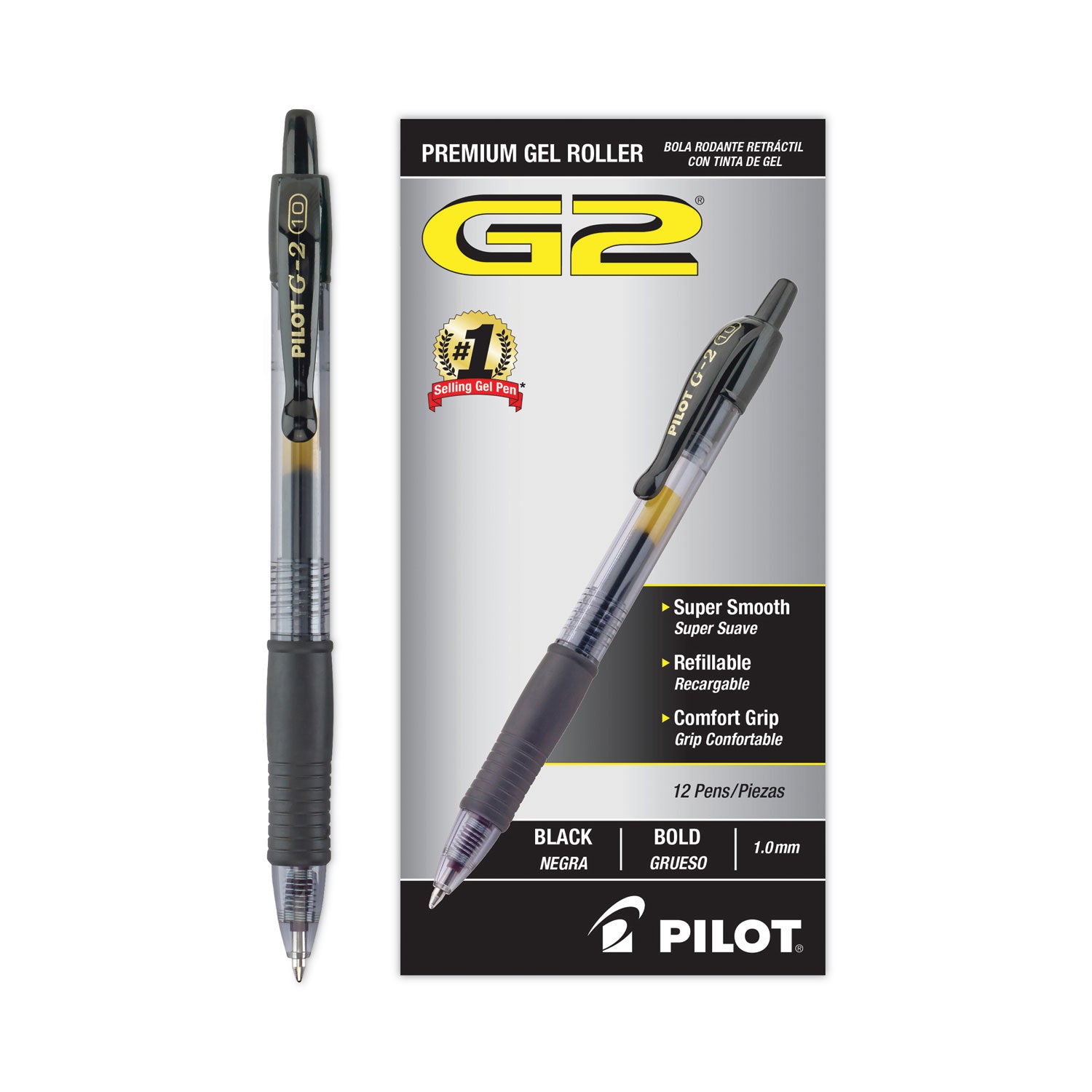 Pilot® G2 Premium Gel Pen, Retractable, Bold 1 mm, Black Ink, Smoke/Black Barrel, Dozen