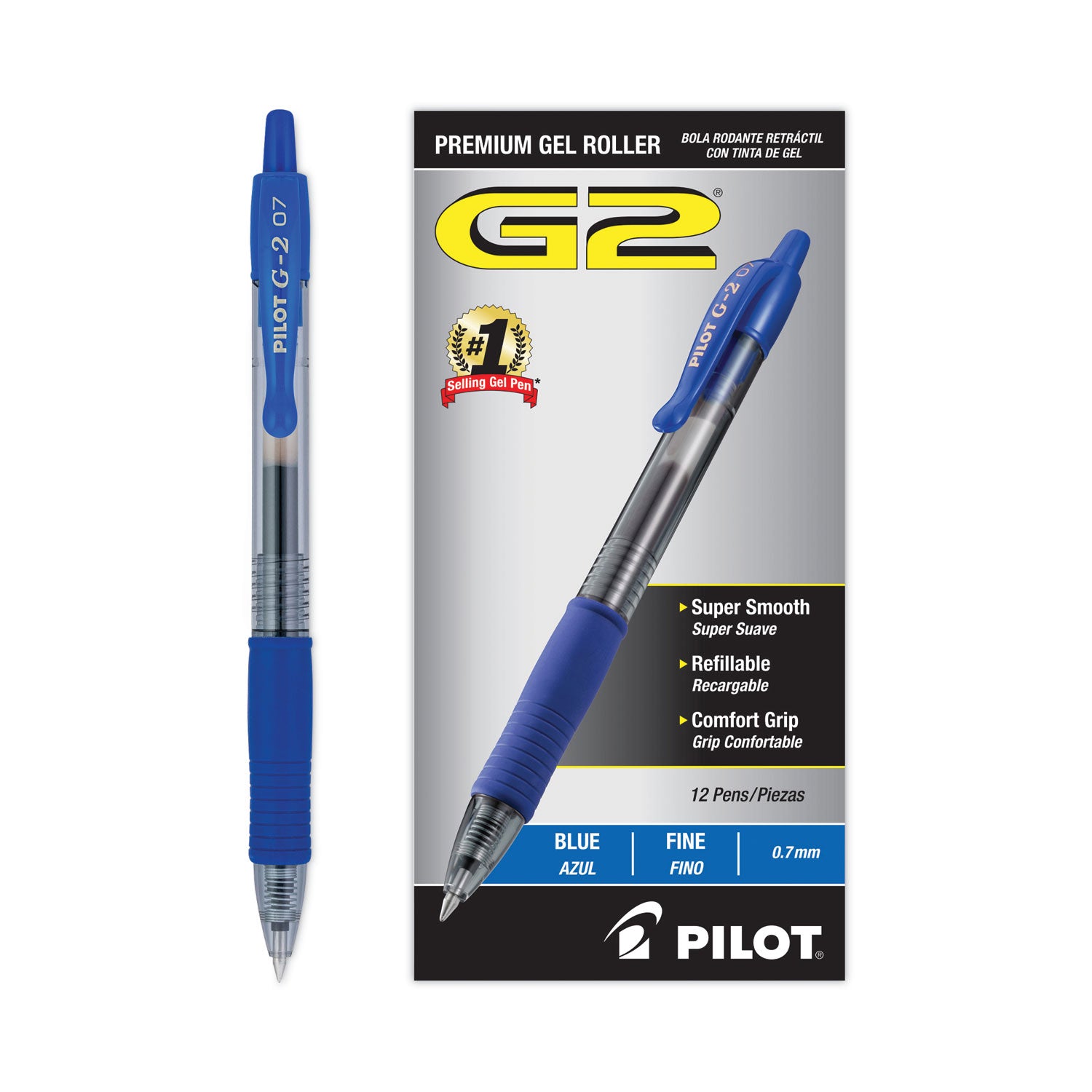 Pilot® G2 Premium Gel Pen, Retractable, Fine 0.7 mm, Blue Ink, Smoke/Blue Barrel, 12/Pack