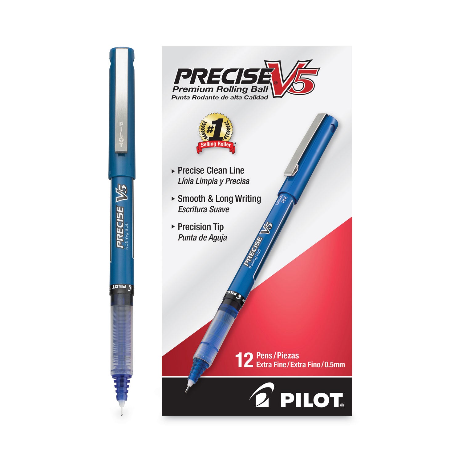 Pilot® Precise V5 Rollerball Pen, Stick, Extra-Fine 0.5 mm, Blue Ink, Blue/Clear Barrel, Dozen