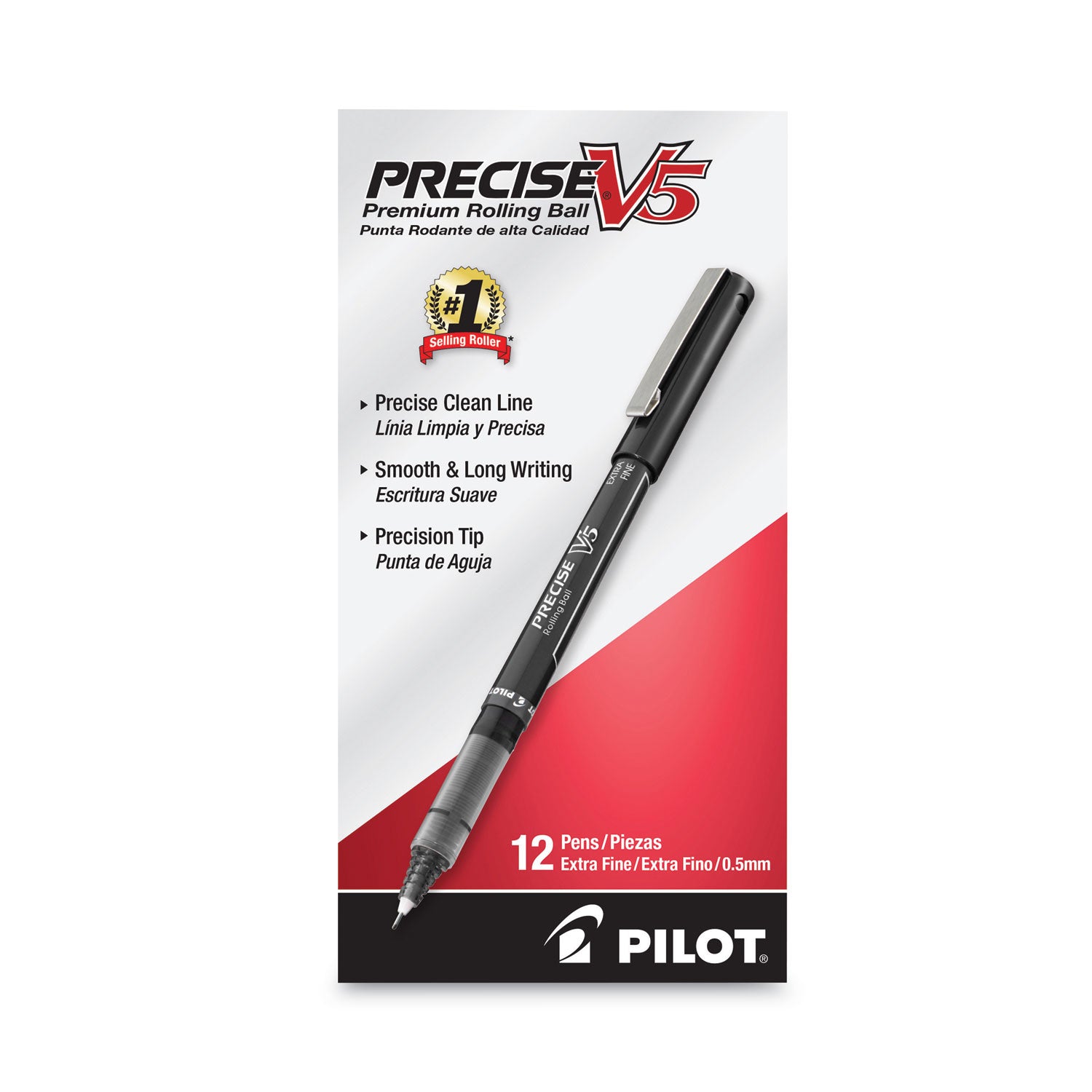 Pilot® Precise V5 Rollerball Pen, Stick, Extra-Fine 0.5 mm, Black Ink, Black/Clear Barrel, Dozen