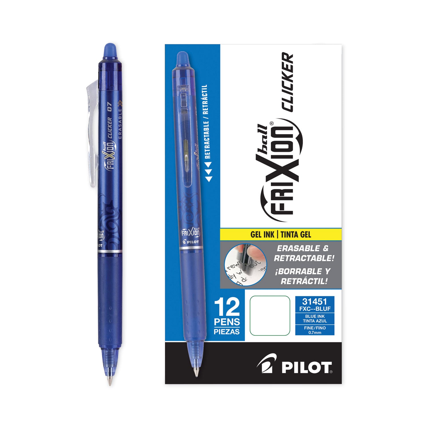 Pilot® Frixion Clicker Erasable Gel Pen, Retractable, Fine 0.7 Mm, Blue Ink, Blue Barrel
