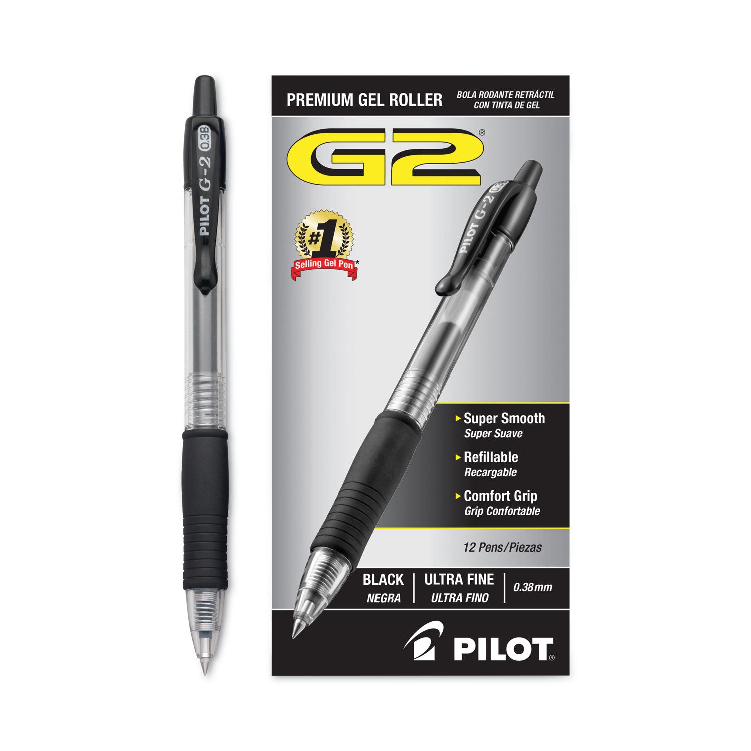 Pilot® G2 Premium Gel Pen Convenience Pack, Retractable, Extra-Fine 0.38 mm, Black Ink, Smoke/Black Barrel, Dozen