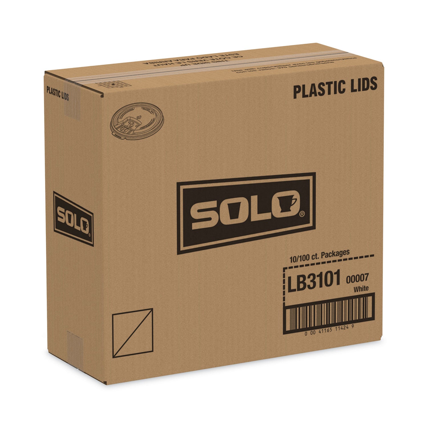 SOLO® Lift Back and Lock Tab Lids for Paper Cups, Fits 10 oz Hot Cups, Plastic, White, 100/Sleeve, 10 Sleeves/Carton