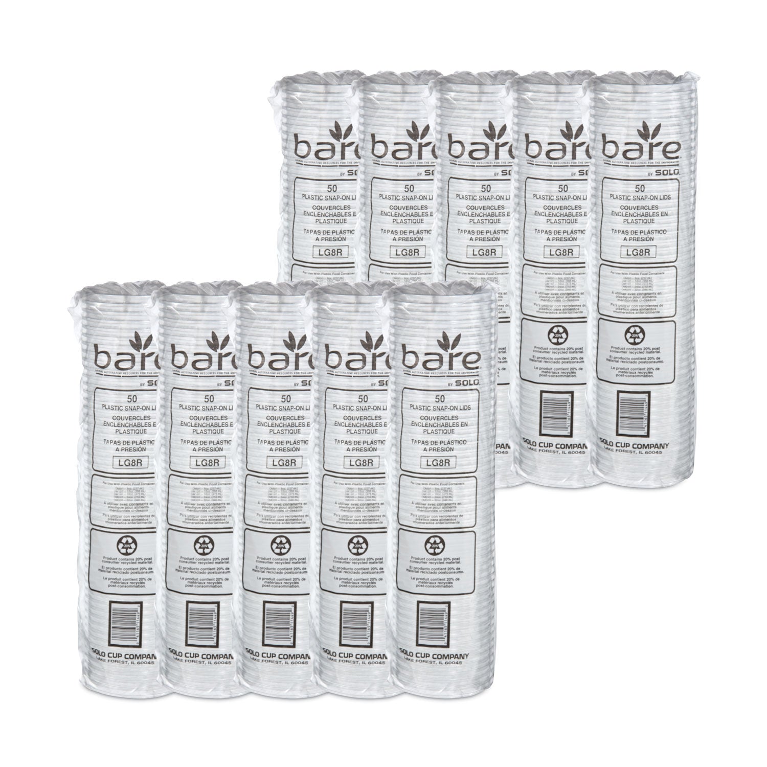 SOLO® Bare Eco-Forward RPET Deli Container Lids, Recessed Lid, Fits 8 oz Containers, Clear, Plastic, 50/Pack, 10 Packs/Carton