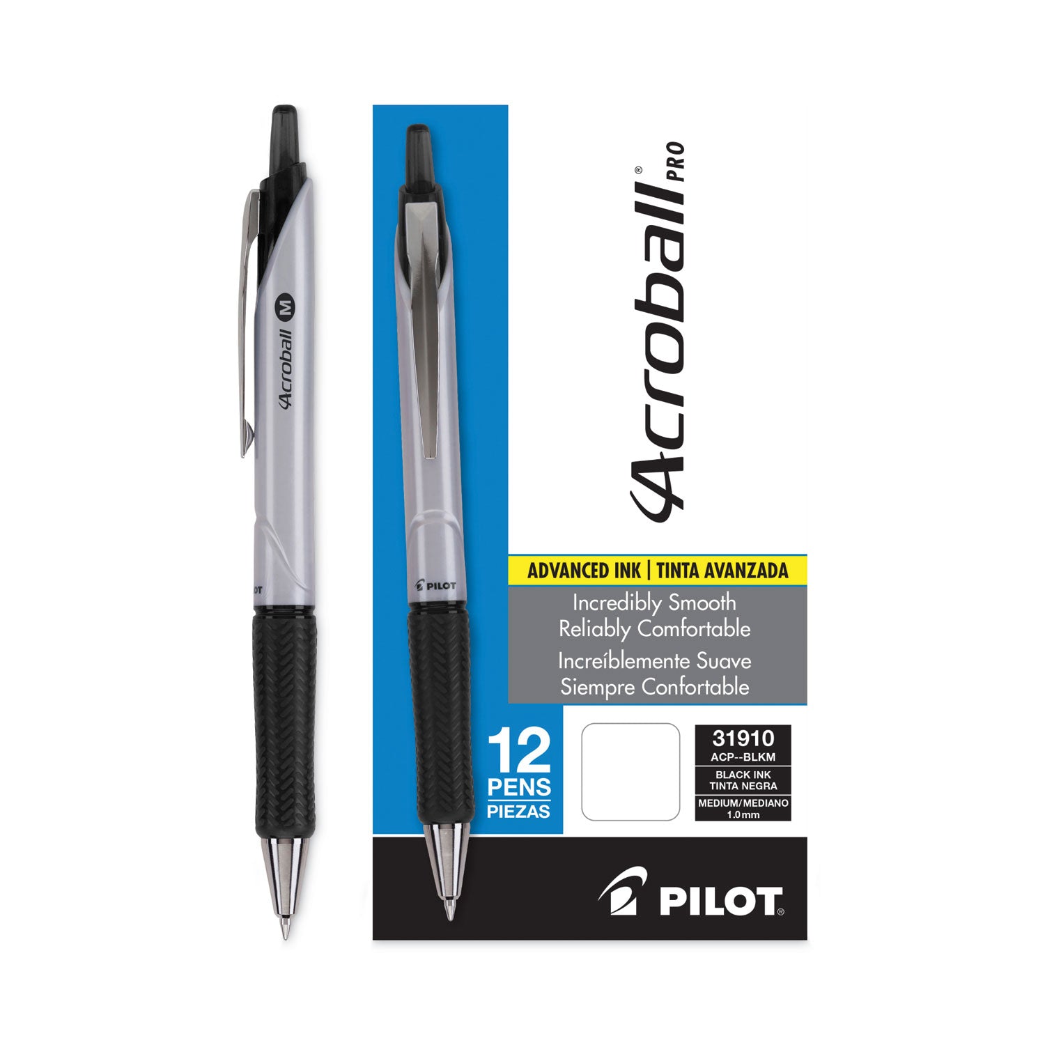 Pilot® Acroball Pro Advanced Ink Hybrid Gel Pen, Retractable, Medium 1 mm, Black Ink, Silver/Black Barrel, Dozen