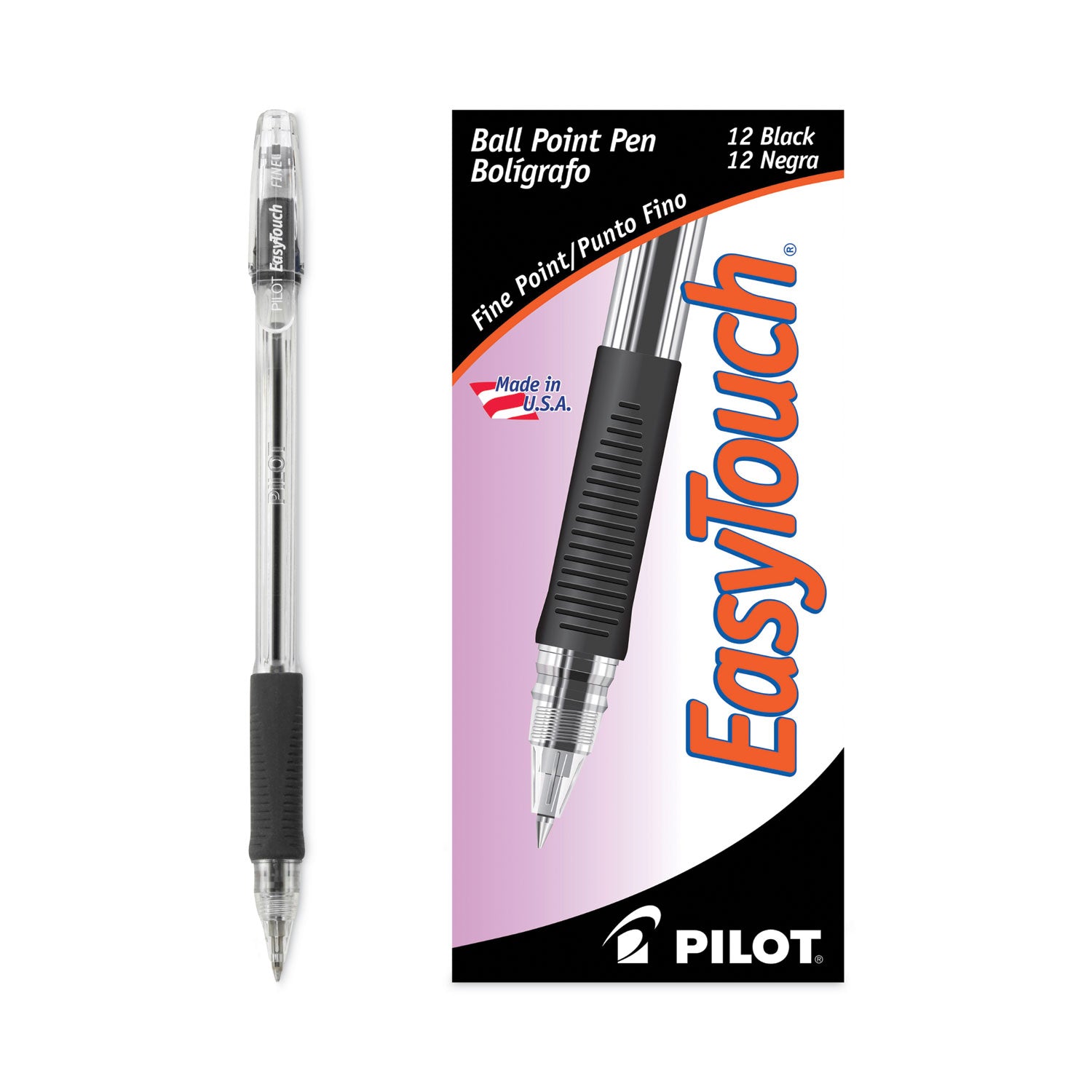 Pilot® EasyTouch Ballpoint Pen, Stick, Fine 0.7 mm, Black Ink, Clear/Black Barrel, Dozen