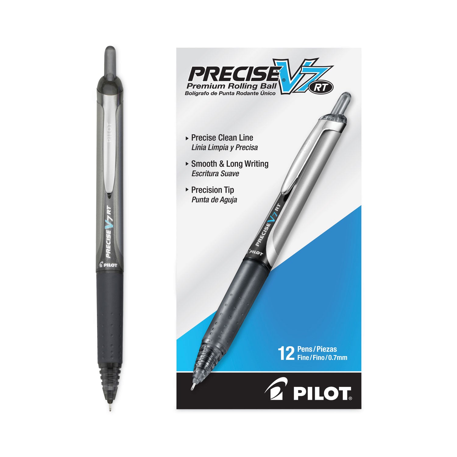 Pilot® Precise V7RT Rollerball Pen, Retractable, Fine 0.7 mm, Black Ink, Black Barrel