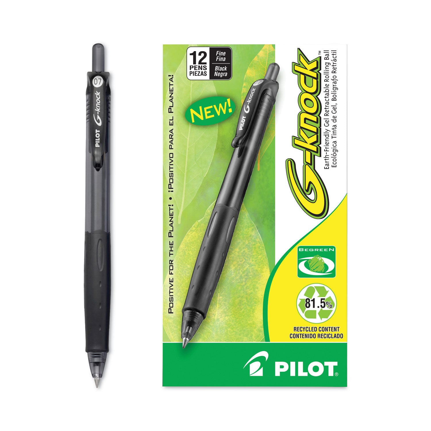 Pilot® G-Knock BeGreen Gel Pen, Retractable, Fine 0.7 mm, Black Ink, Smoke/Black Barrel, Dozen