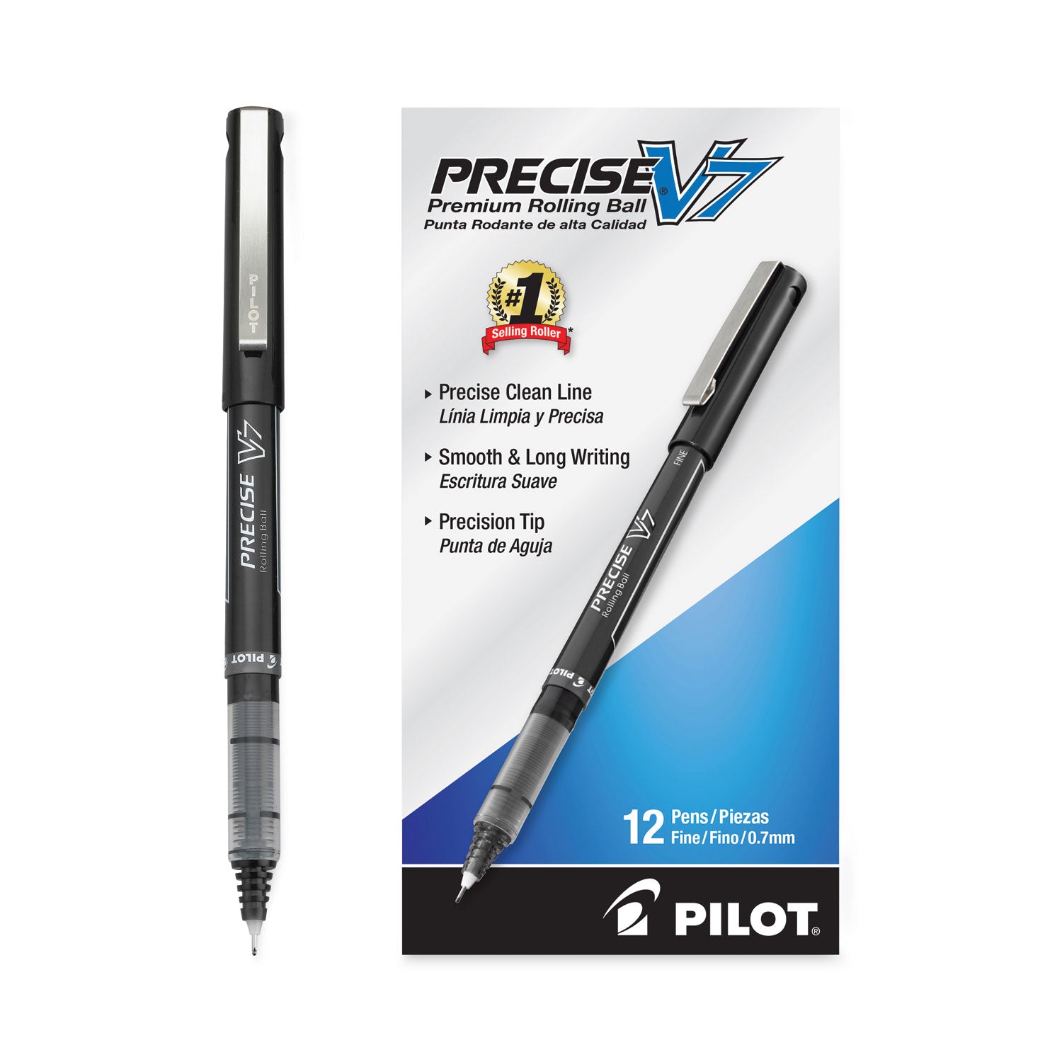 Pilot® Precise V7 Rollerball Pen, Stick, Fine 0.7 mm, Black Ink, Black/Clear Barrel, Dozen