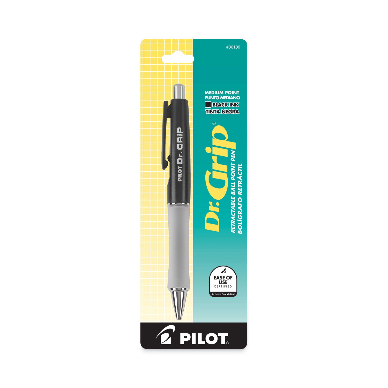 Pilot® Dr. Grip Ballpoint Pen, Retractable, Medium 1 Mm, Black Ink, Black Barrel