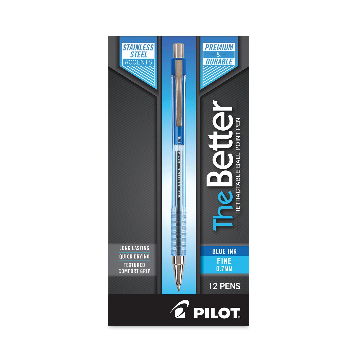 Pilot® Better Ballpoint Pen, Retractable, Fine 0.7 Mm, Blue Ink, Translucent Blue Barrel, Dozen