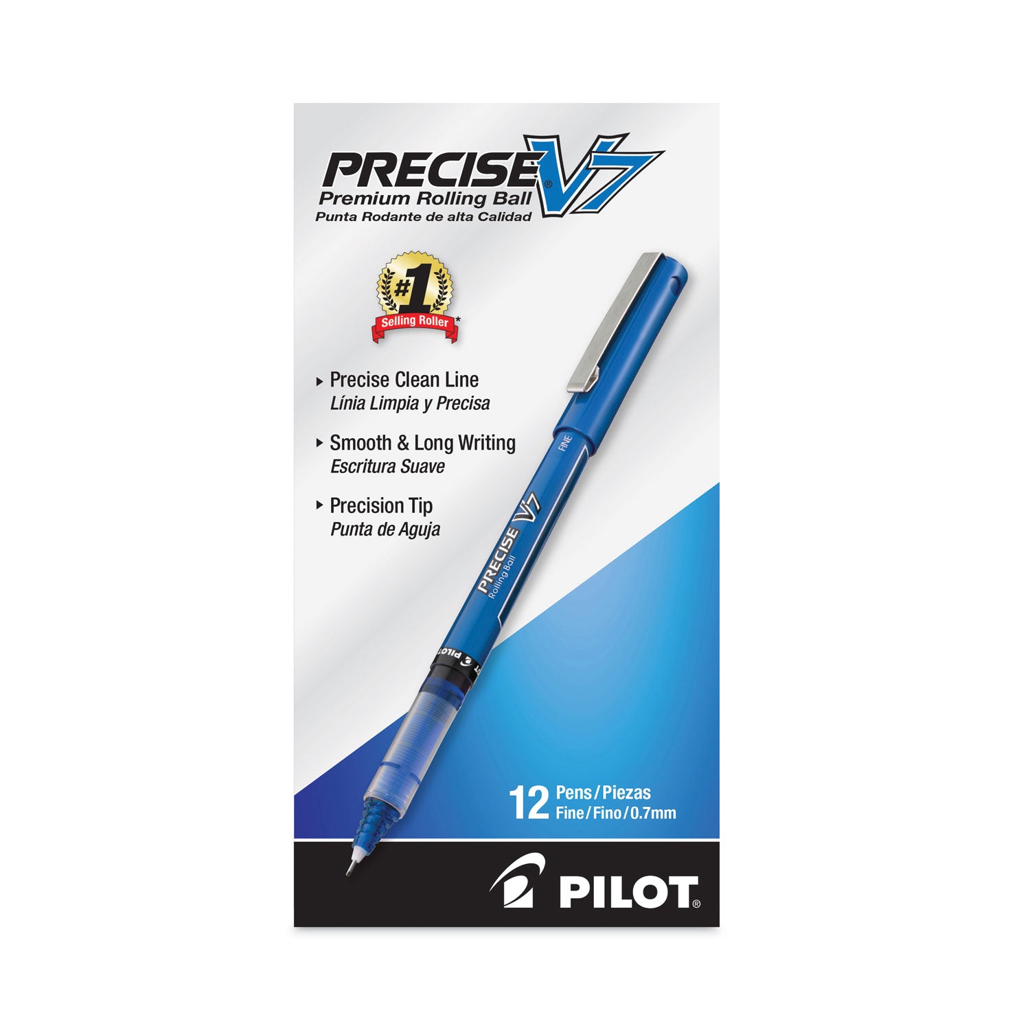 Pilot® Precise V7 Rollerball Pen, Stick, Fine 0.7 mm, Blue Ink, Blue/Clear Barrel, Dozen