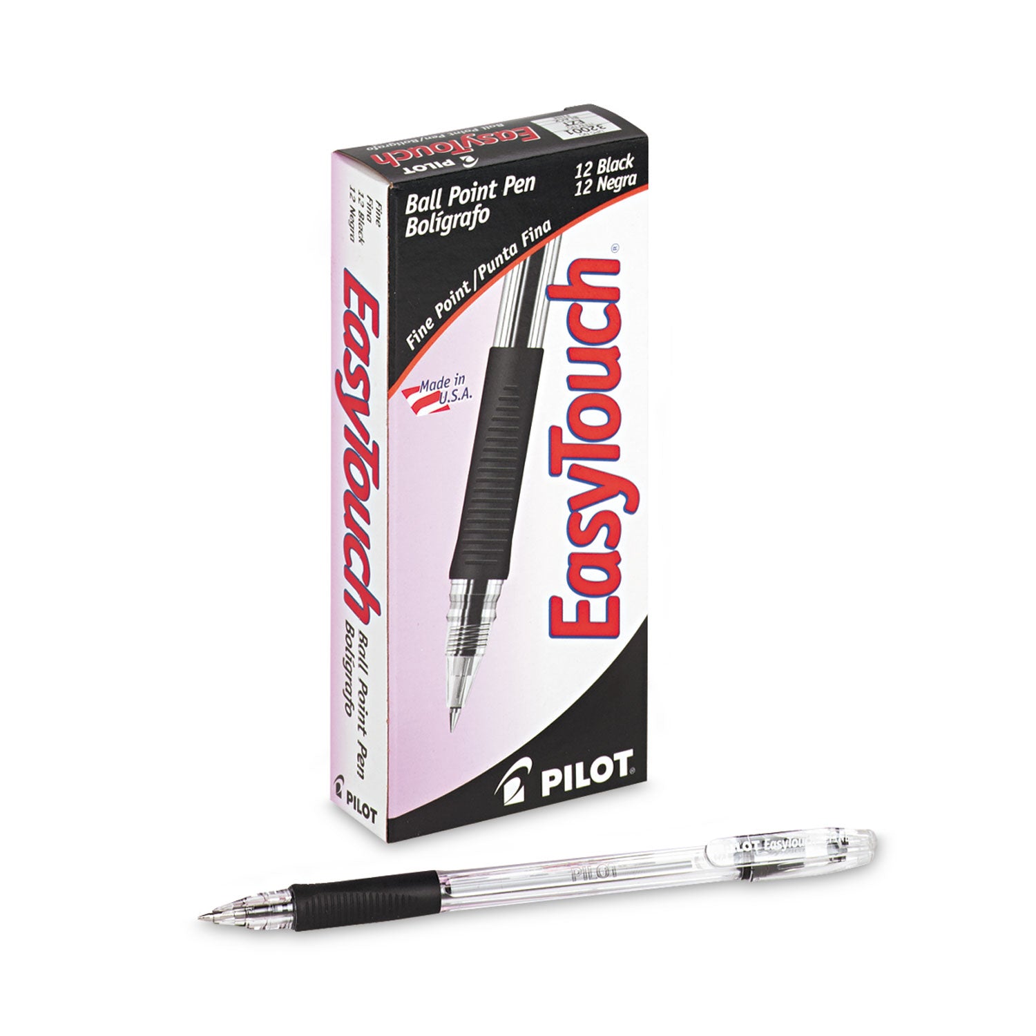 Pilot® EasyTouch Ballpoint Pen, Stick, Fine 0.7 mm, Black Ink, Clear/Black Barrel, Dozen